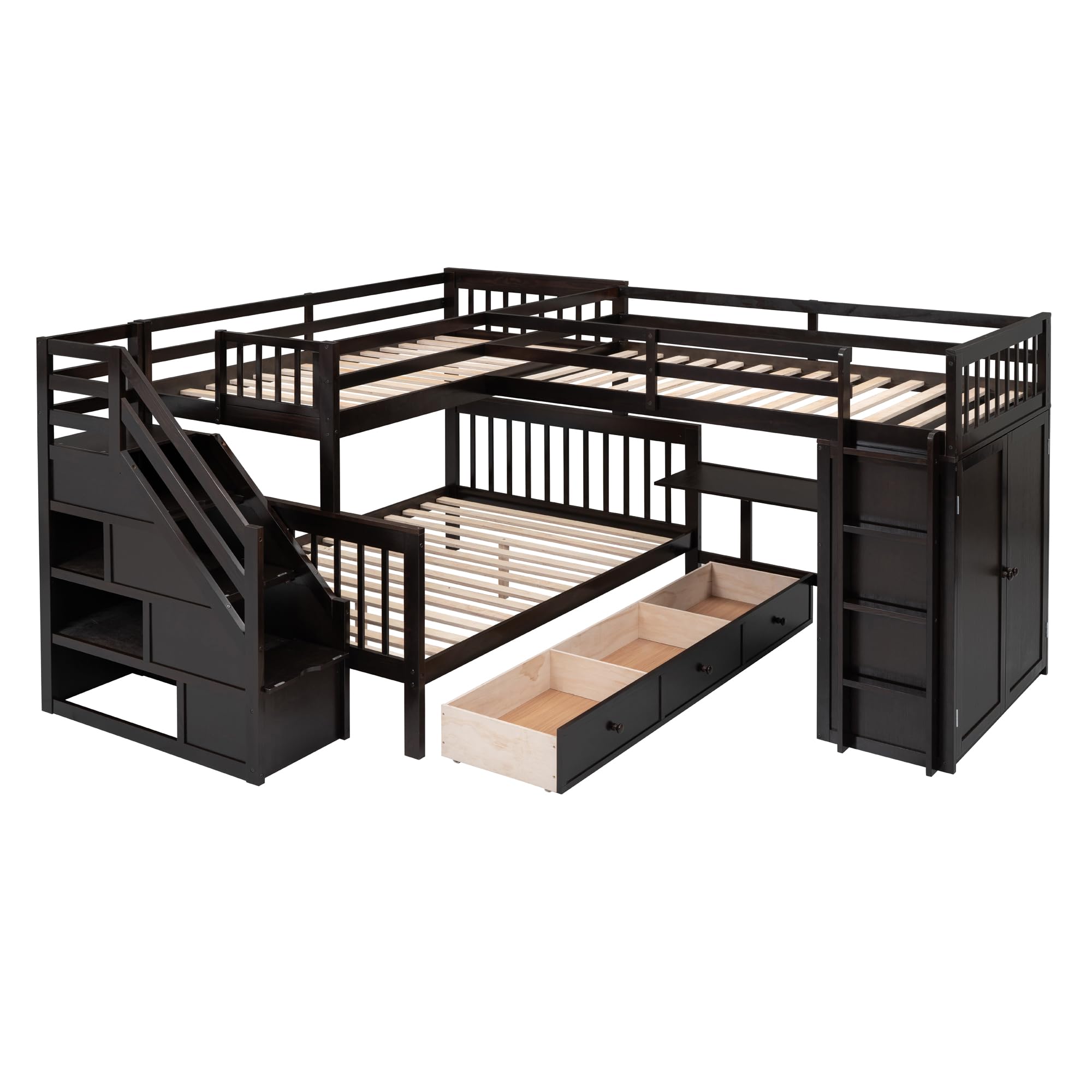 L-Shaped Triple Bunk Bed with Storage Staircase, Wardrobe, Desk & Drawers - Solid Wood Space-Saving Bunk Bed for 3 Kids, Teens or Adults (Twin Over Full, Espresso Finish) - Perfect for Small Bedrooms, Guest Rooms & Shared Kids' Rooms