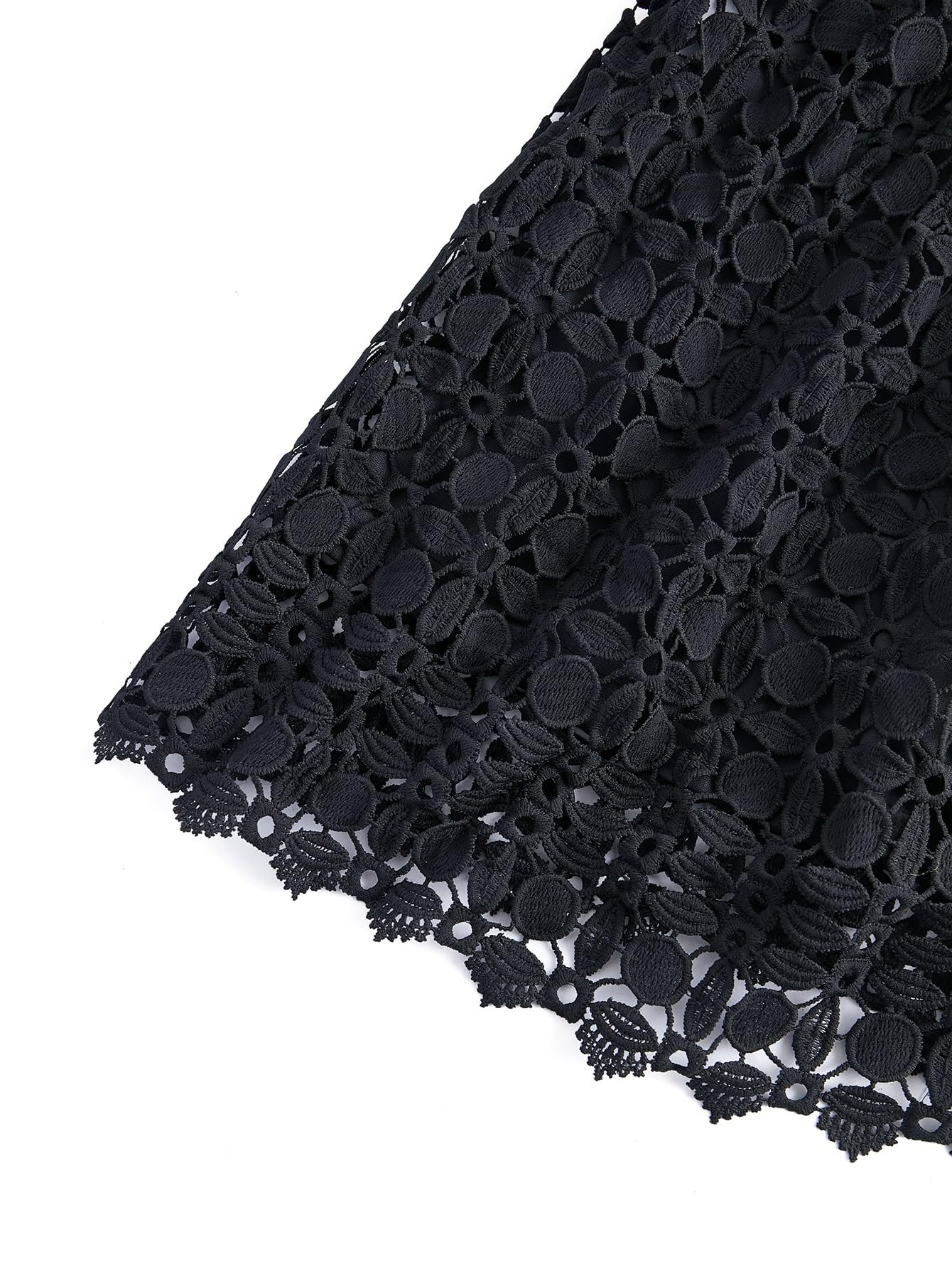 Elegant Black Women's Mock Neck Lace Flounce Sleeve Mesh Insert A-Line High Waist Short Dress for Cocktail Party, Date Night & Formal Occasions