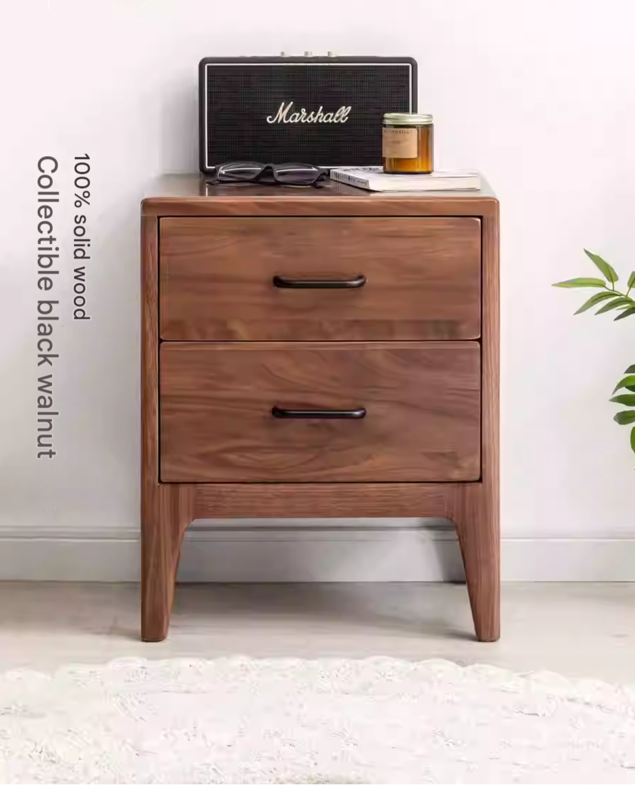 Premium Black Walnut Solid Wood Modern Nightstand - Stylish Bedside Table with Drawer for Bedroom, Living Room & Guest Room
