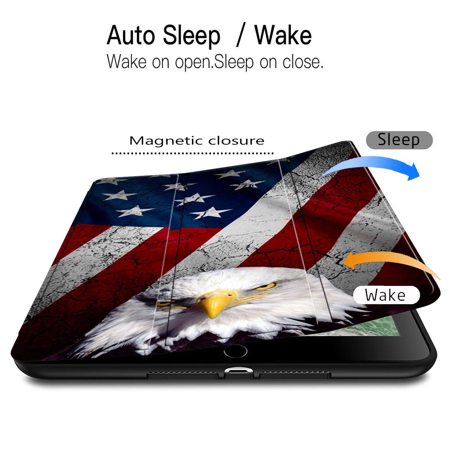 Premium PU Leather iPad 9.7 Case (2018/2017/Air 2) with Bald Eagle American Flag Design - Slim Soft TPU Back & Pencil Holder - Auto Wake/Sleep Cover for iPad 5th/6th Generation - Perfect for Work, School & Travel Protection