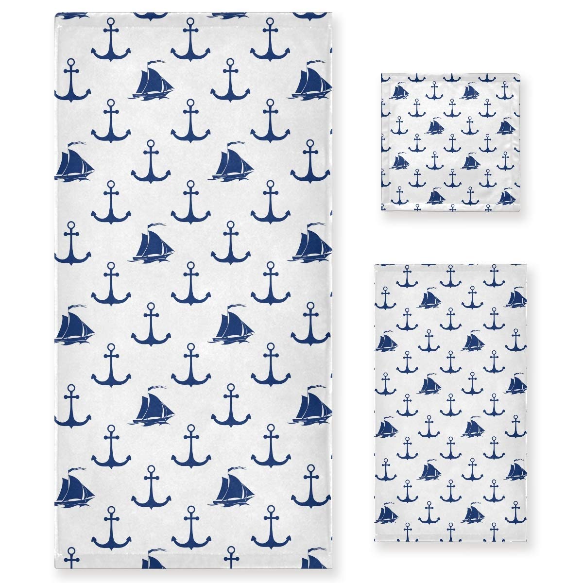 Premium Nautical Anchor Pattern 3-Piece Towel Set - Soft Luxury Bath, Hand Towel & Washcloth for Bathroom, Hotel, Gym, Spa, Beach | Perfect for Coastal Decor, Guest Bathrooms & Seaside Vacations