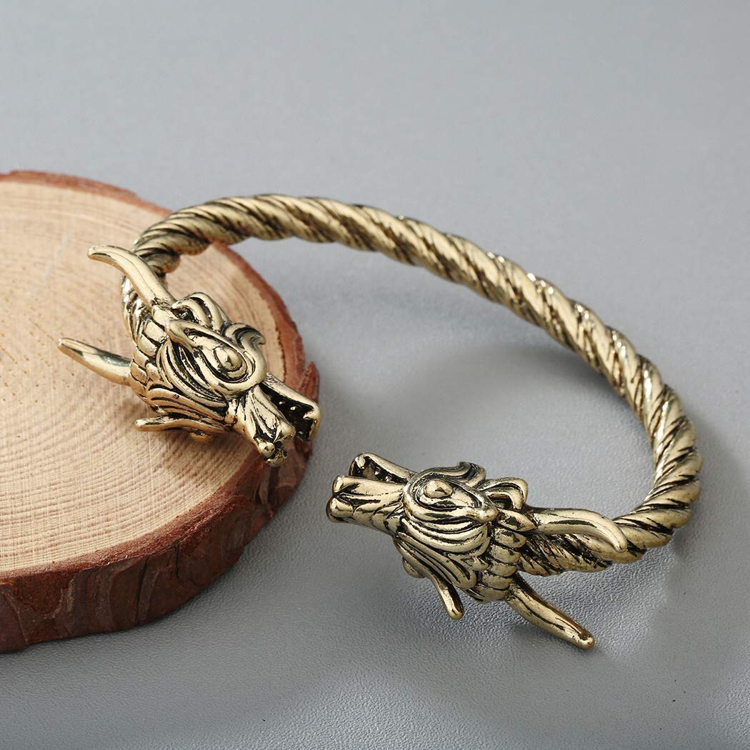 AILUOR Norse Viking Dragon Cuff Bracelet for Men - Adjustable Gold & Silver Pagan Jewelry, Cool Twisted Arm Rings for Medieval, LARP & Fantasy Costume Accessories