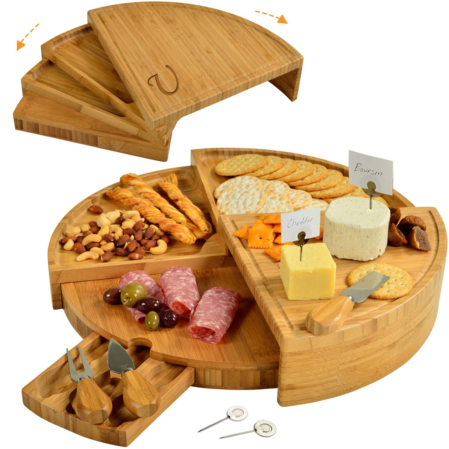 Personalized Monogrammed Bamboo Cutting Board with Knives & Cheese Markers - Engraved Charcuterie Board for Cheese, Charcuterie & Entertaining - Compact Wedge Design Expands to 18