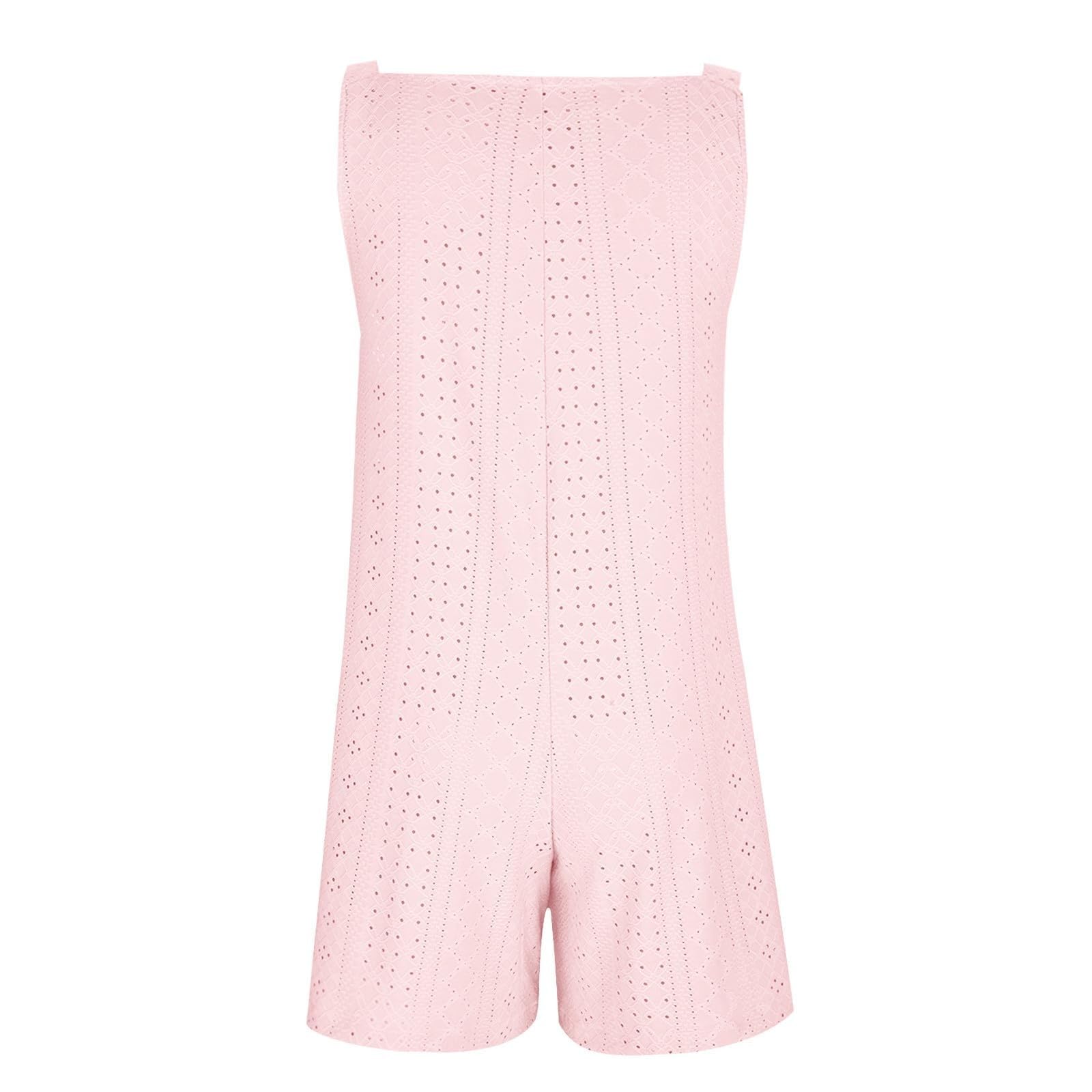 Women's Crochet Eyelet Jumpsuit Romper with Pockets - Elegant Solid Color Shorts Jumper for Casual Outings, Beach Vacations & Summer Parties