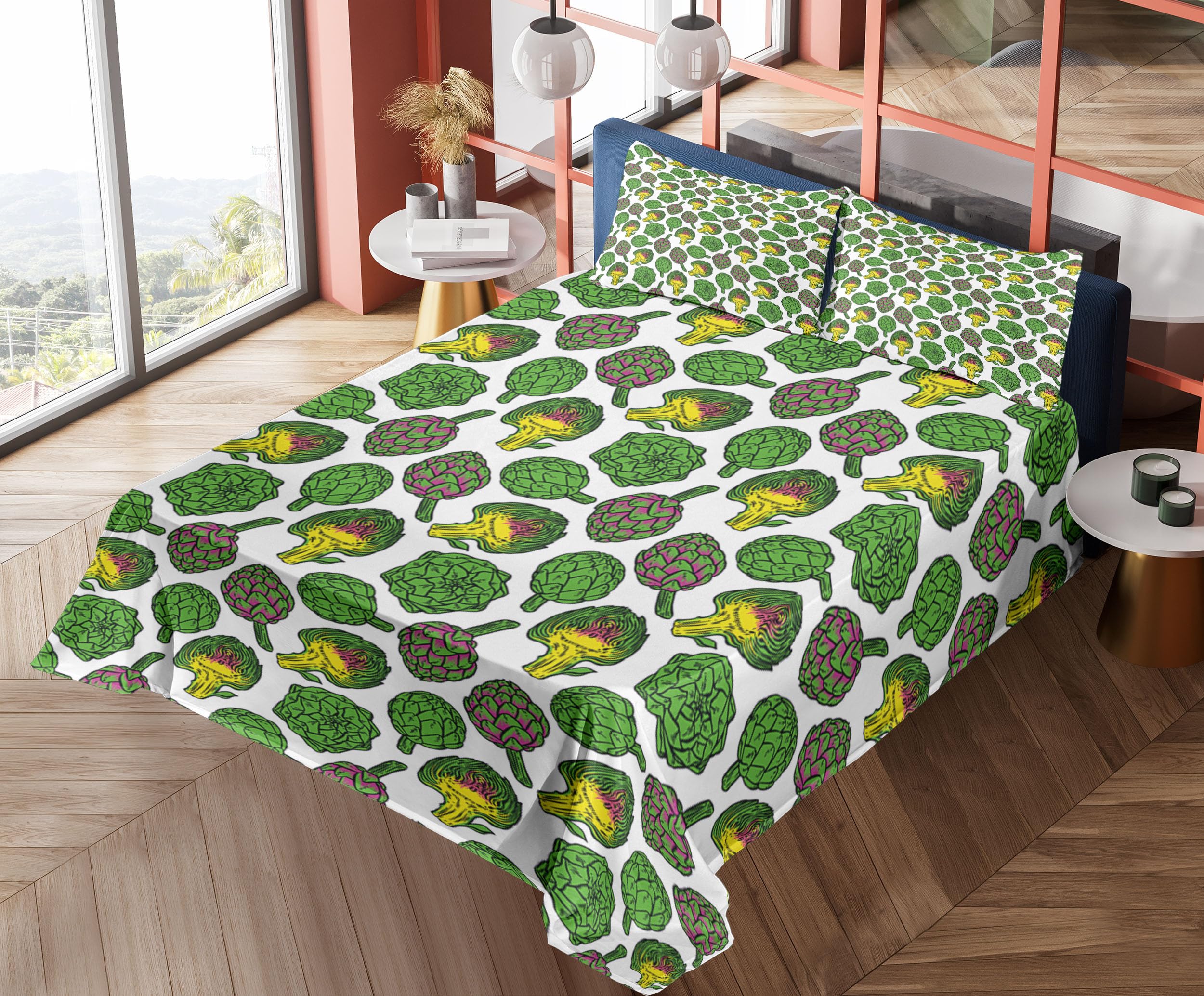 Ambesonne Artichoke 4-Piece King Size Sheet Set - Vivid Yellow & Fern Green Artichoke Print, Fitted & Flat Sheets with Pillowcases | Vegan-Friendly Cooking & Grocery Themed Bedding | Perfect for Farmhouse, Kitchen-Themed, or Vegan Lifestyle Home Decor