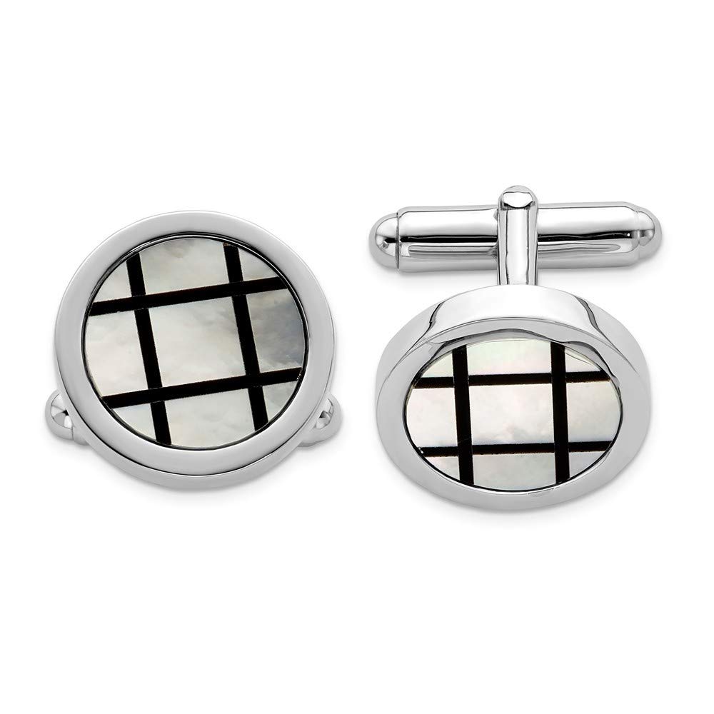 925 Sterling Silver Polished Cufflinks with Simulated Mother of Pearl & Black Enamel - 18x18mm Wide Men's Jewelry Gift for Weddings, Business & Formal Occasions