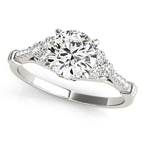 14K White Gold Round Diamond Engagement Ring for Women - 1 1/8 Carat Total Weight (1.125 CTTW) Side Cluster Setting, Fine Jewelry for Proposal, Wedding & Anniversary Gifts