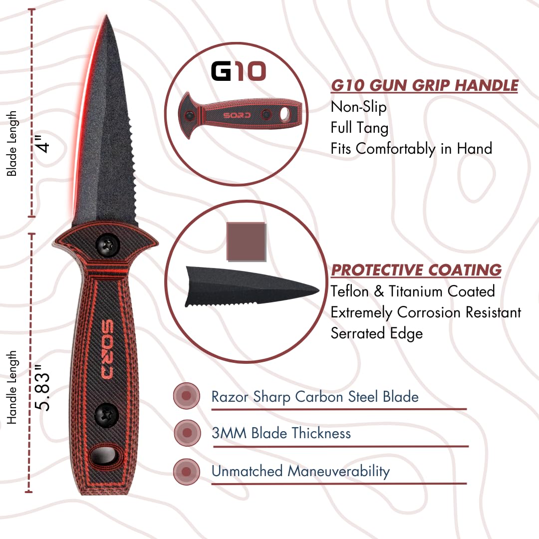 SORD 4-Inch Dive Knife with Sheath - Full Tang Spearfishing & Scuba Diving Knife | Corrosion Resistant Stainless Steel Blade | G10 Handle (Black & Red) - Perfect for Underwater Hunting, Emergency Cutting & Marine Activities
