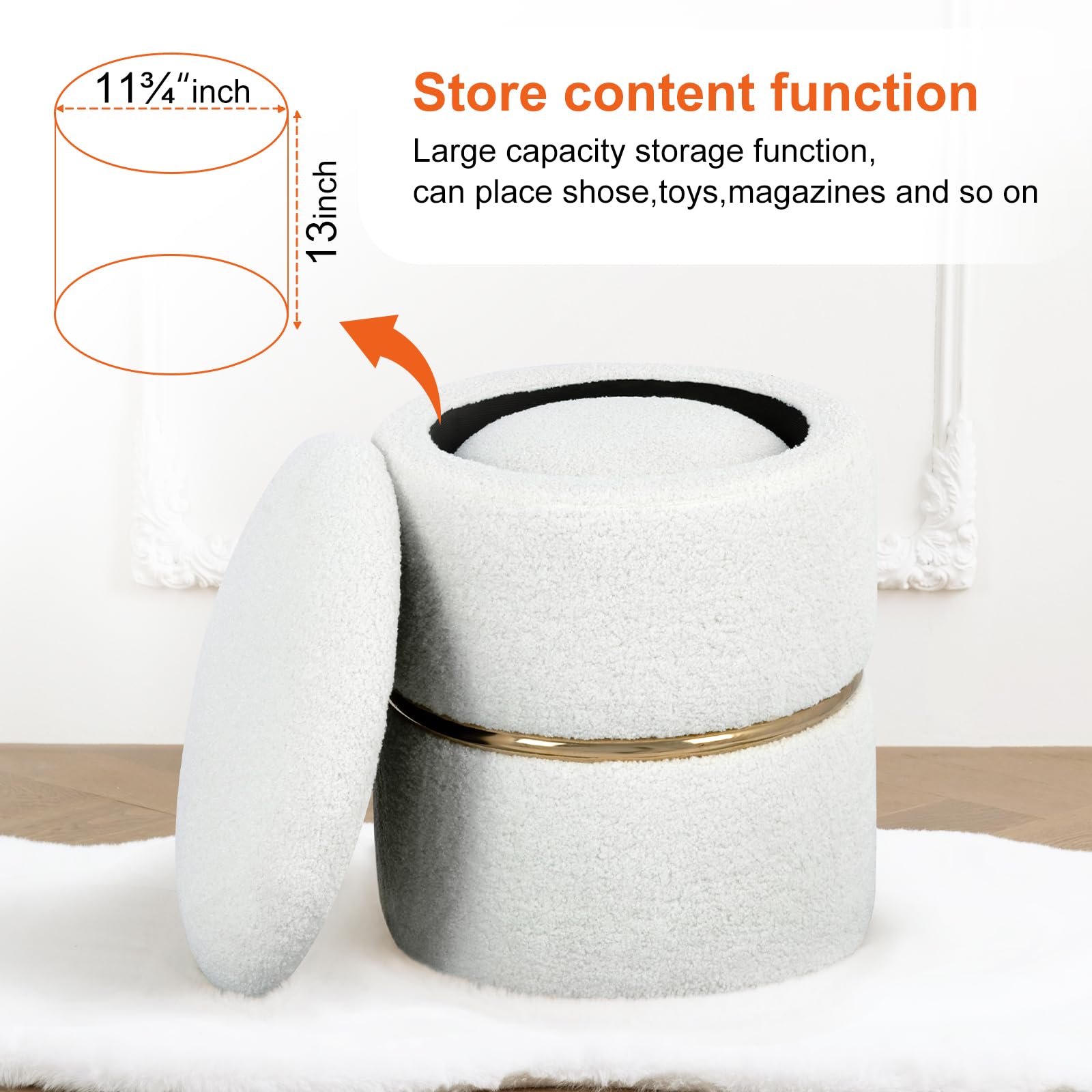 Luxury Faux Fur Round Storage Ottoman with Gold Metal Hoop - Upholstered Vanity Stool & Foot Rest, Pack of 2 - Perfect for Living Room, Bedroom & Entryway - Multi-Functional Coffee Table & Seating Solution for Home Decor