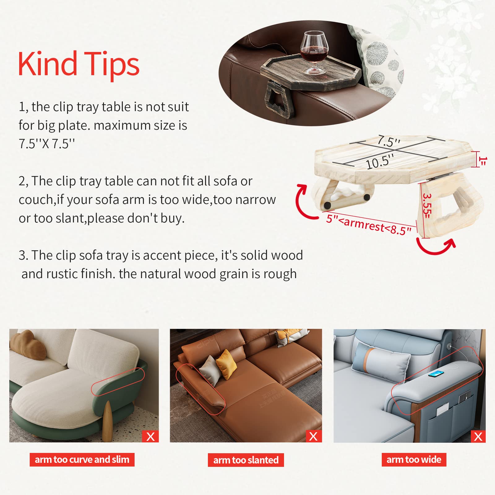 Wooden Sofa Armrest Tray - Clip-On Couch Arm Table for Remote, Phone, Drinks & Snacks - Rustic Ash Finish - Perfect for Living Room, Bedroom & Home Theater Use