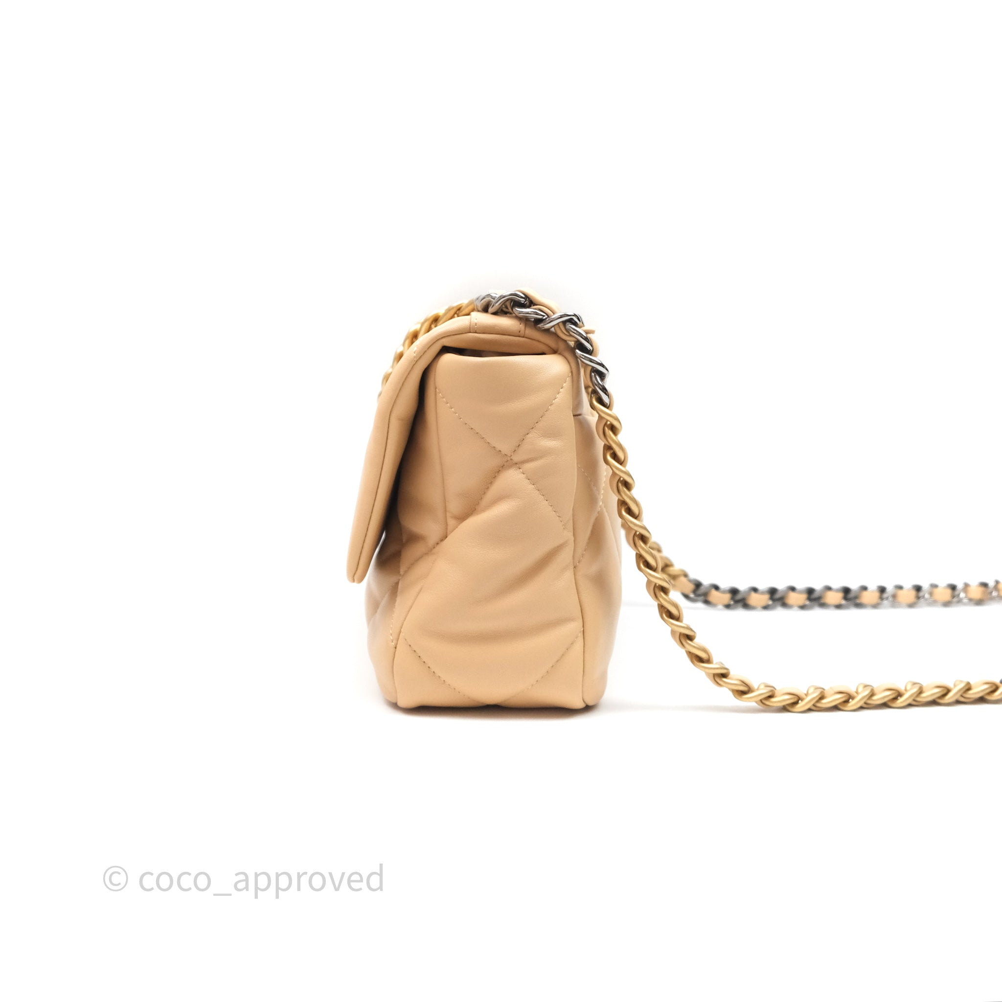 Chanel 19 Small Beige Leather Flap Bag with Mixed Gold & Silver Hardware - Luxury Shoulder Bag for Women, Perfect for Date Night & Special Occasions