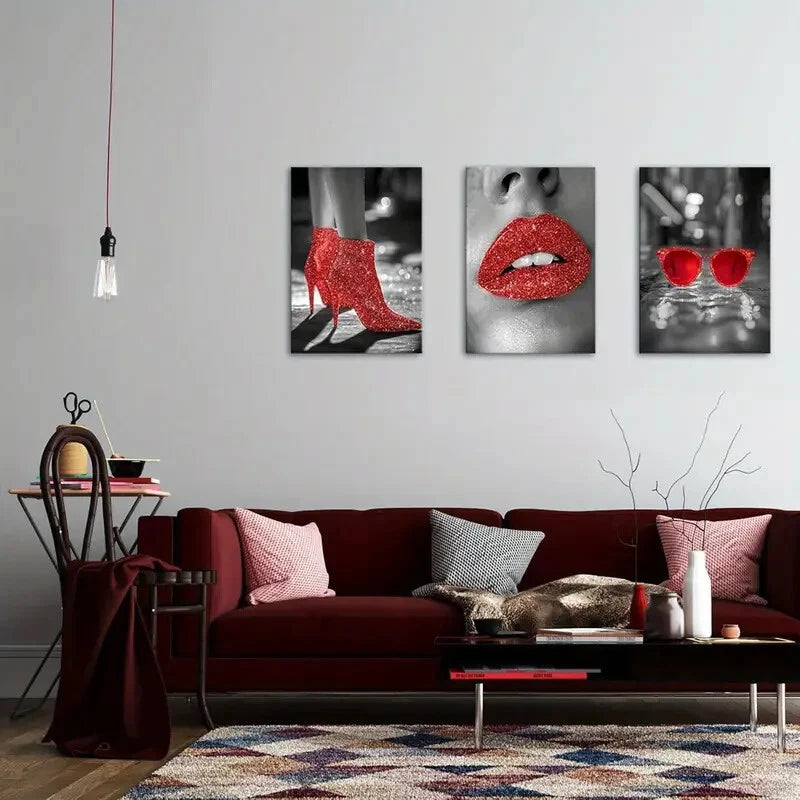 3PCS Red Lips Fashion High Heels Metal Print Wall Art - Ready to Hang Home Decor for Living Room, Bedroom & Office