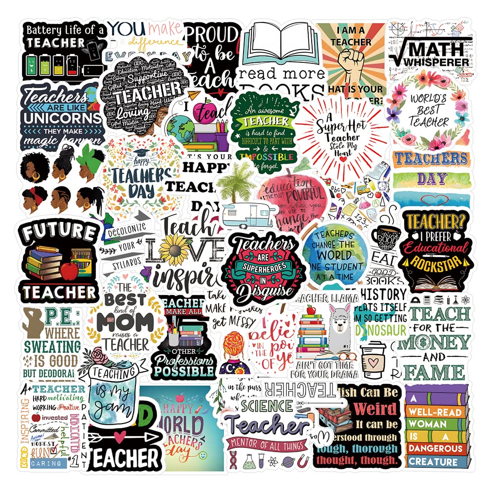 52Pcs Teachers' Day Stickers Pack - Waterproof Vinyl Thank You Teacher Decals for Water Bottles, Laptops, Phones, Journals | Cute Classroom Gifts for Students, Kids & Adults | Perfect for Teacher Appreciation Week, School Supplies & DIY Scrapbooking