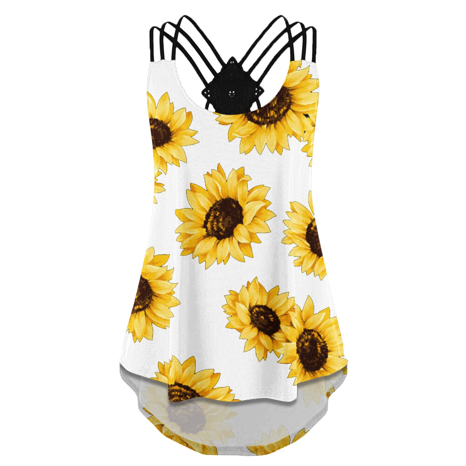 Women's Sexy Sunflower Print Sleeveless Vest - Irregular Lace Trim Loose Fit Backless Cross Tie Long Tank Top | Summer Beachwear, Music Festival Outfit, Boho Chic Style