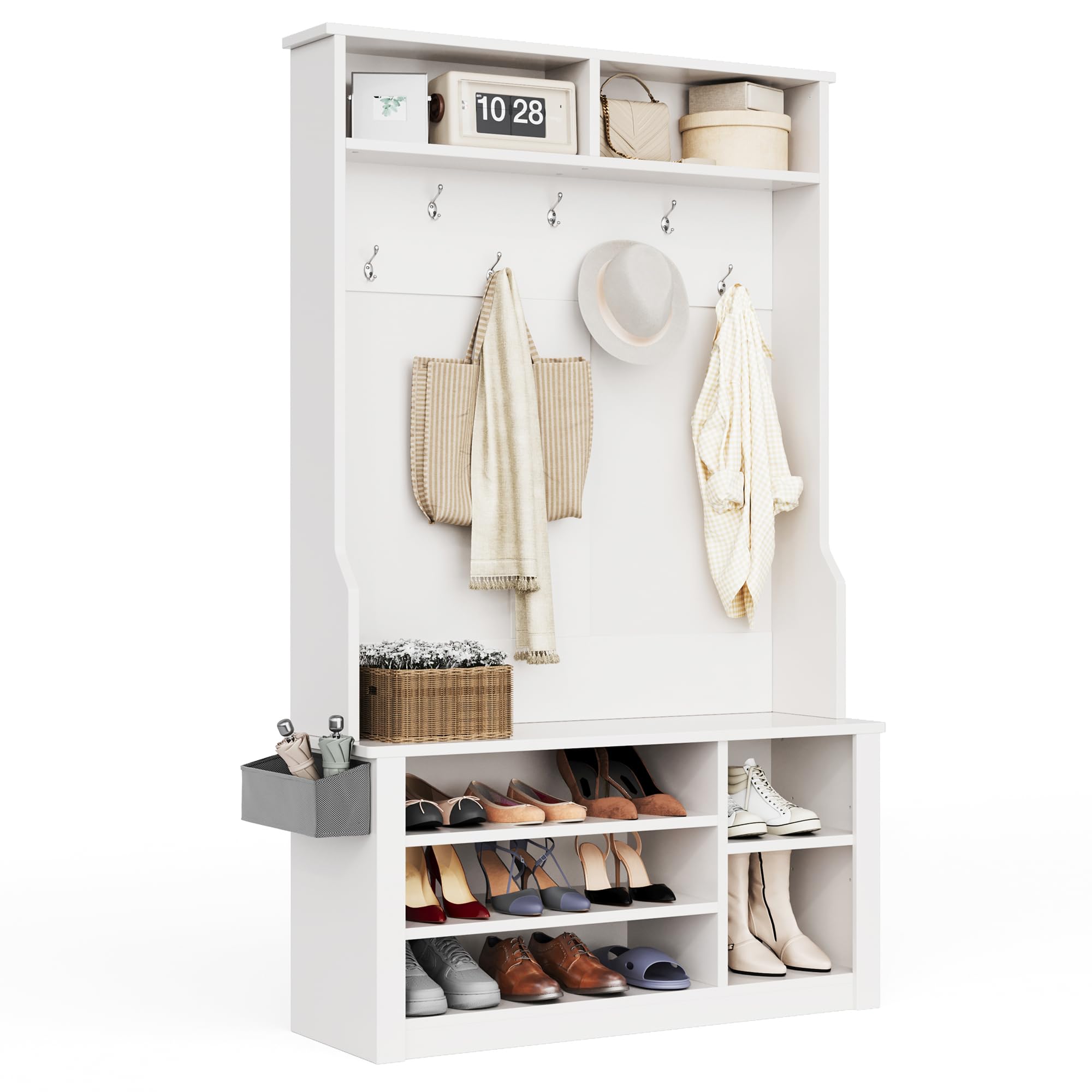 Aiho 3-in-1 Entryway Hall Tree with Bench, Coat Rack & Adjustable Shoe Storage | 2-Tier Top Shelf | White | Perfect for Organizing Entryways, Hallways & Mudrooms | Space-Saving Home Decor Solution