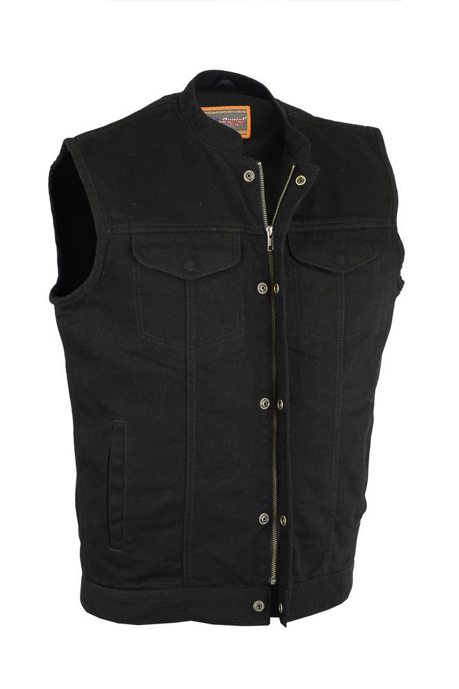 Men's Black Motorcycle Denim Vest with Scoop Collar & Hidden Zipper - Stylish Biker Jacket with Gun Pocket for Riding & Casual Wear