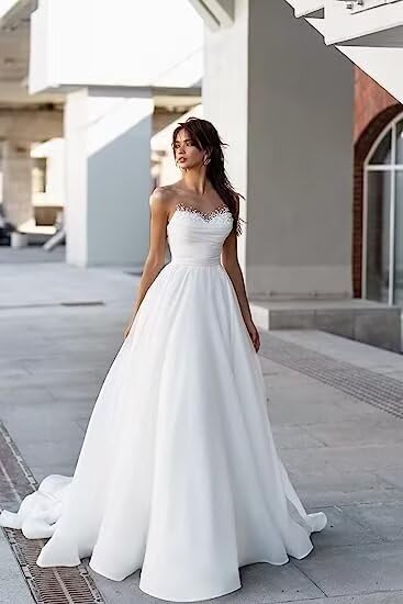 Sweetheart Neckline A-Line Wedding Dress with Pearl Embellishments - Sleeveless Ruffled Bridal Gown for Bride | Perfect for Beach Weddings, Vow Renewals & Romantic Photoshoots