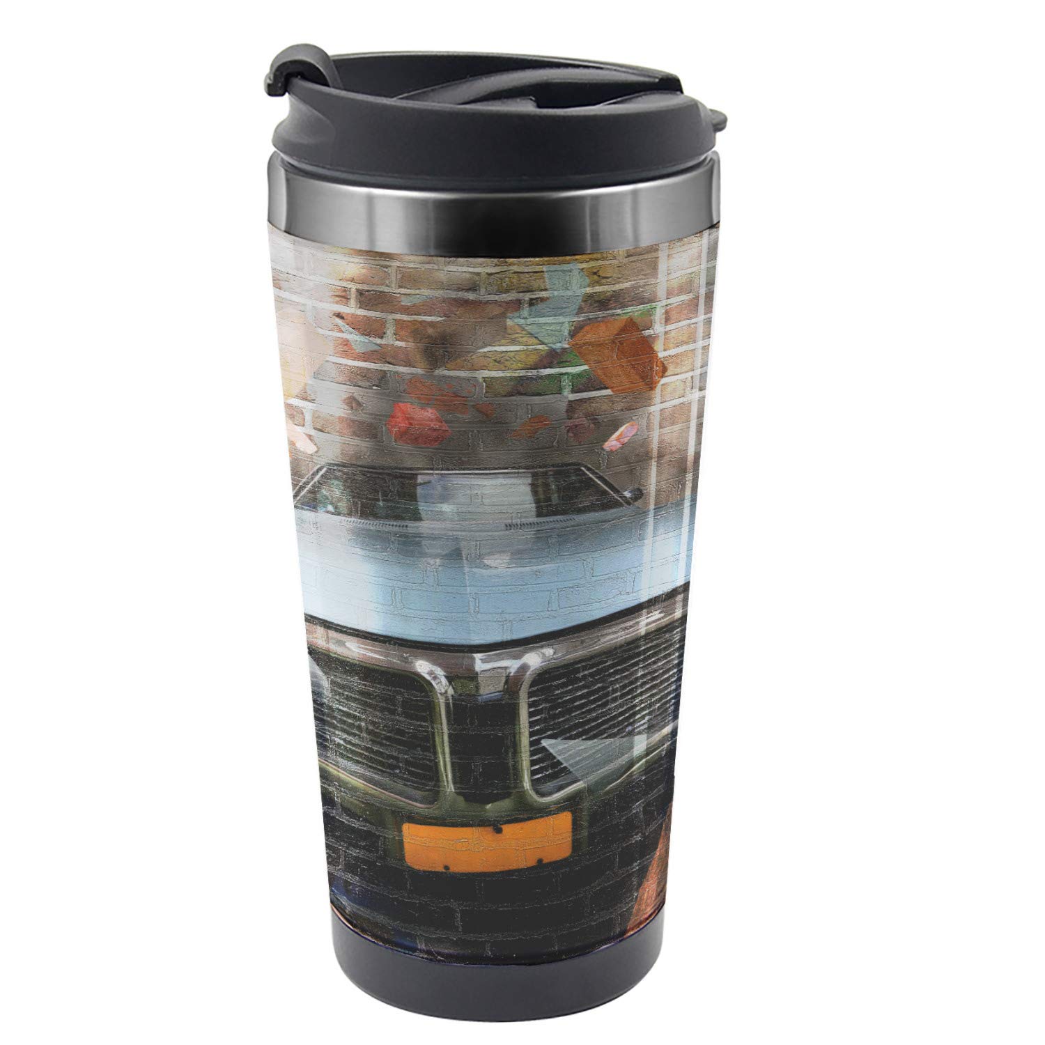 Ambesonne Cars Travel Mug - 16 oz Stainless Steel Thermal Cup with Graffiti Street Art Design, Multicolor - Perfect for Coffee, Tea & Hot Drinks On The Go, Commuting, Road Trips & Outdoor Adventures