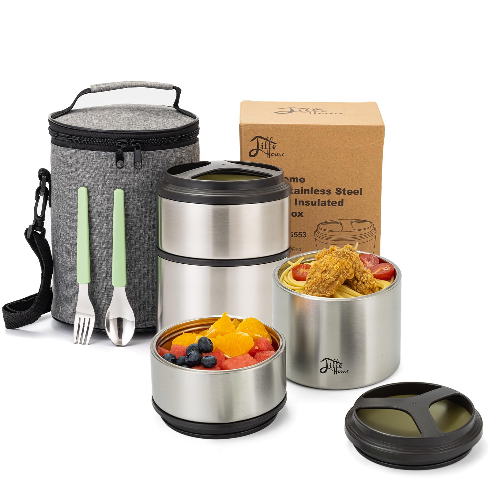 **Lille Home 1500ml Vacuum Insulated Stainless Steel Stackable Thermos Bottle with 2-Tier Bento Lunch Box & Carry Bag (Green) - Perfect for Office, School, Picnics & Outdoor Activities**