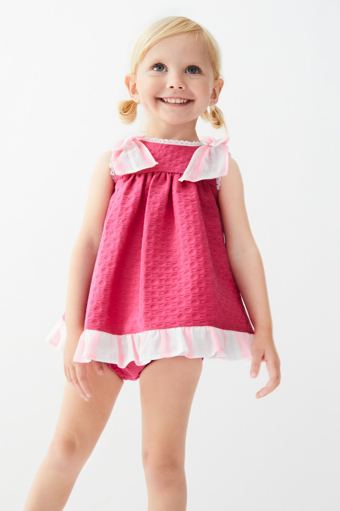 Tara Fuchsia Neon Stripe Dress & Bloomers Set - Women's Vintage Style Floral Lace Dress with Matching Bloomers | Perfect for Tea Parties, Photo Shoots & Retro Fashion Events