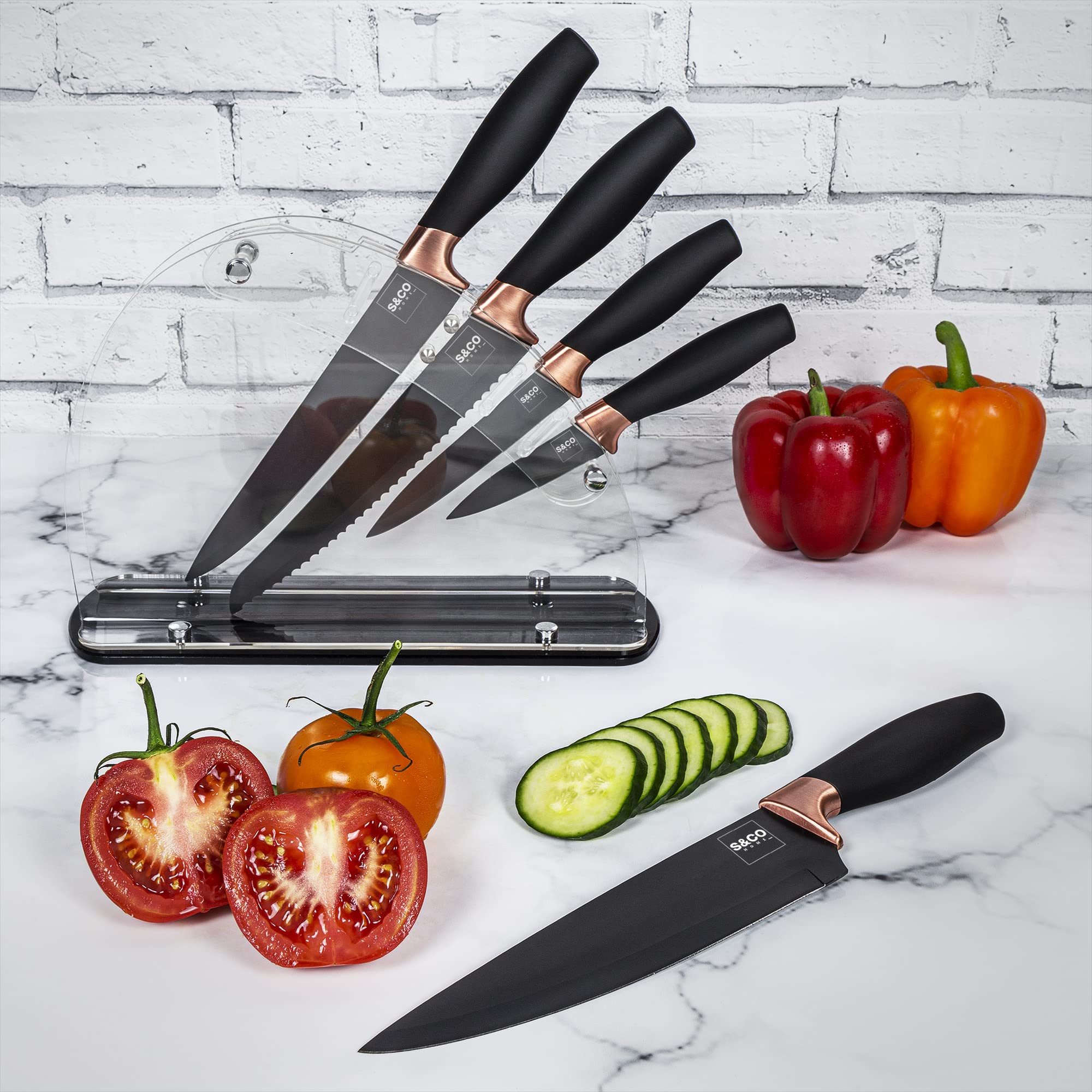Premium 6-Piece Kitchen Knife Set with Acrylic Block - Ultra Sharp Stainless Steel Knives with Non-Stick Coating - Chef, Bread, Carving, Utility & Paring Knives - Elegant Black & Rose Gold Handles - Perfect for Home Cooking, Professional Chefs & Gift Giving