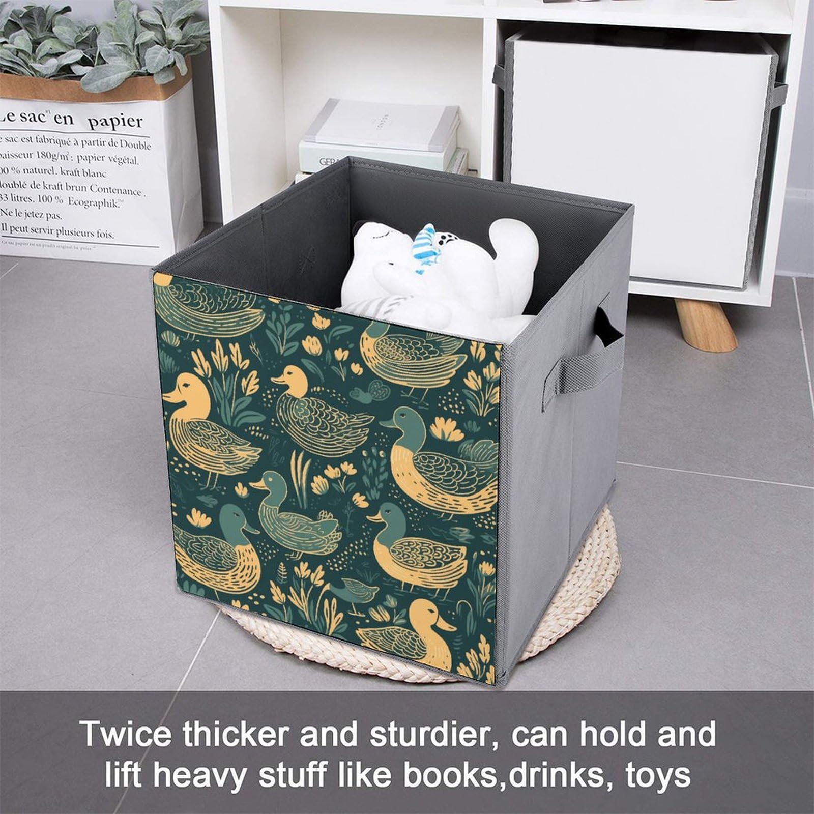Foldable Canvas Storage Box with Duck Pattern Green Print - Organize Clothes, Toys & Home Items - Perfect for Closet, Nursery & Travel Storage