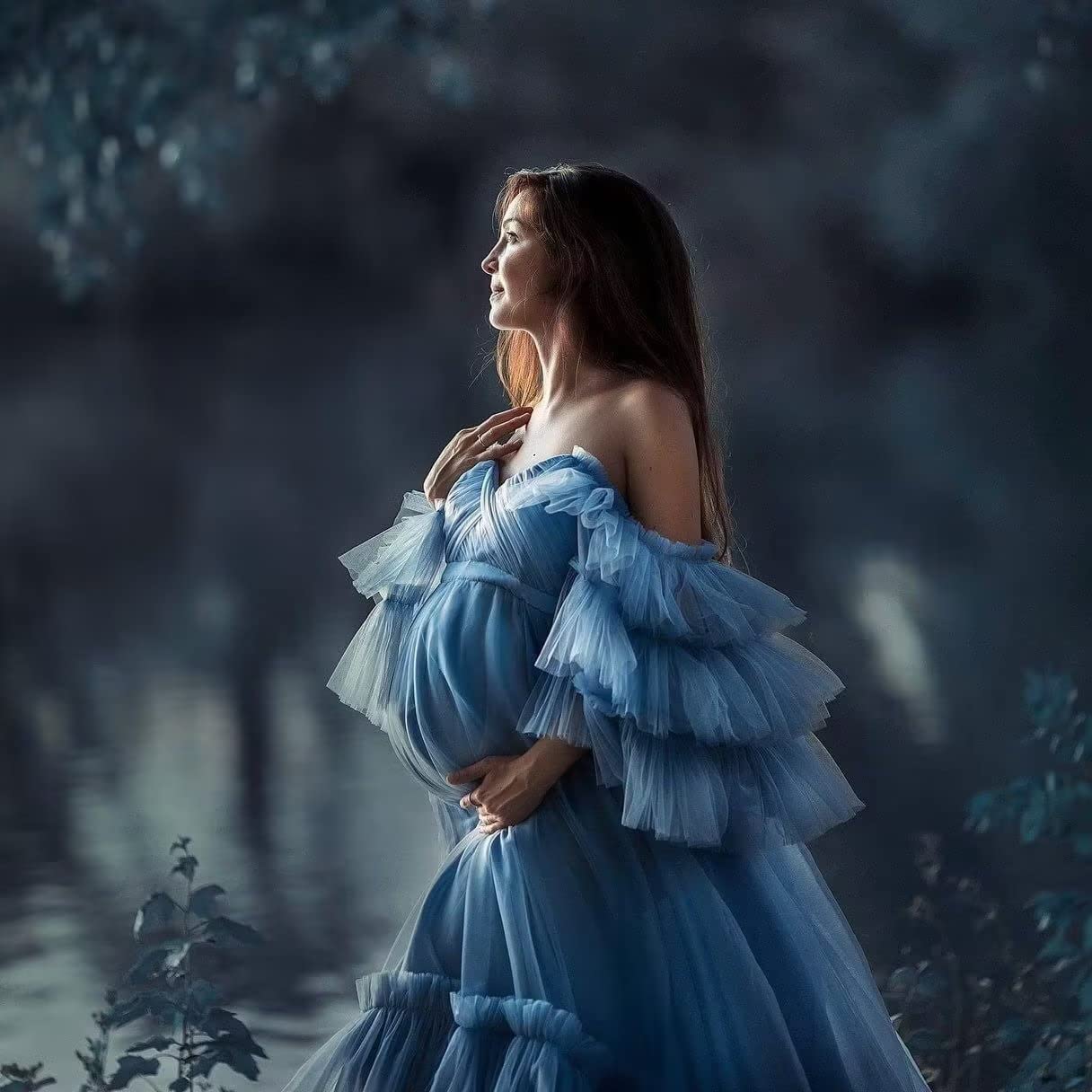 Elegant Ruffles Puffy Tulle Maternity Dress for Photoshoot - Off Shoulder Bridal Lingerie & Baby Shower Pregnancy Robe - Perfect for Maternity Photos, Bridal Showers and Special Occasions