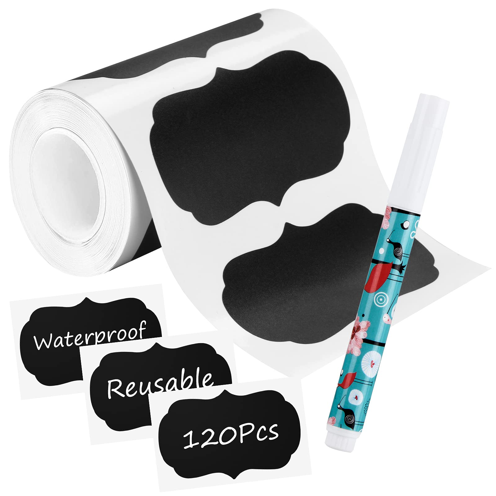 Erasable Chalkboard Labels - 120 Pcs Waterproof Reusable Sticker Labels with 1 Liquid Chalk Marker for Storage Bins, Mason Jars, Pantry & Office Organization - Perfect for Home, School & Workplace Labeling Needs (Fun Shapes)