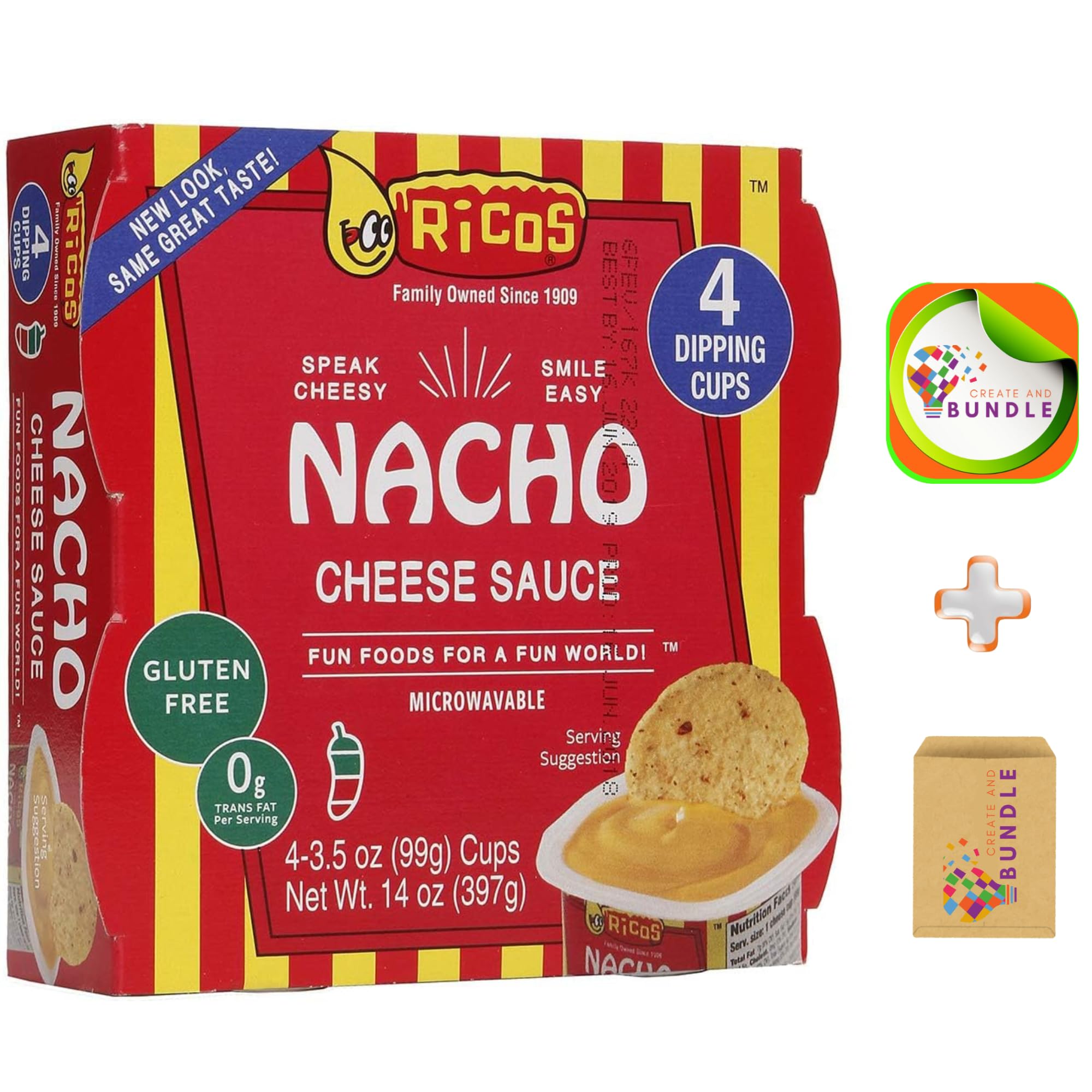 Rico's Nacho Cheese Dip - 14oz (4 Individual Cups) | Authentic Mexican Cheese Sauce for Nachos, Chips & Snacks | Perfect for Parties, Game Nights & Movie Nights | Includes Free CreateAndBundle Sticker