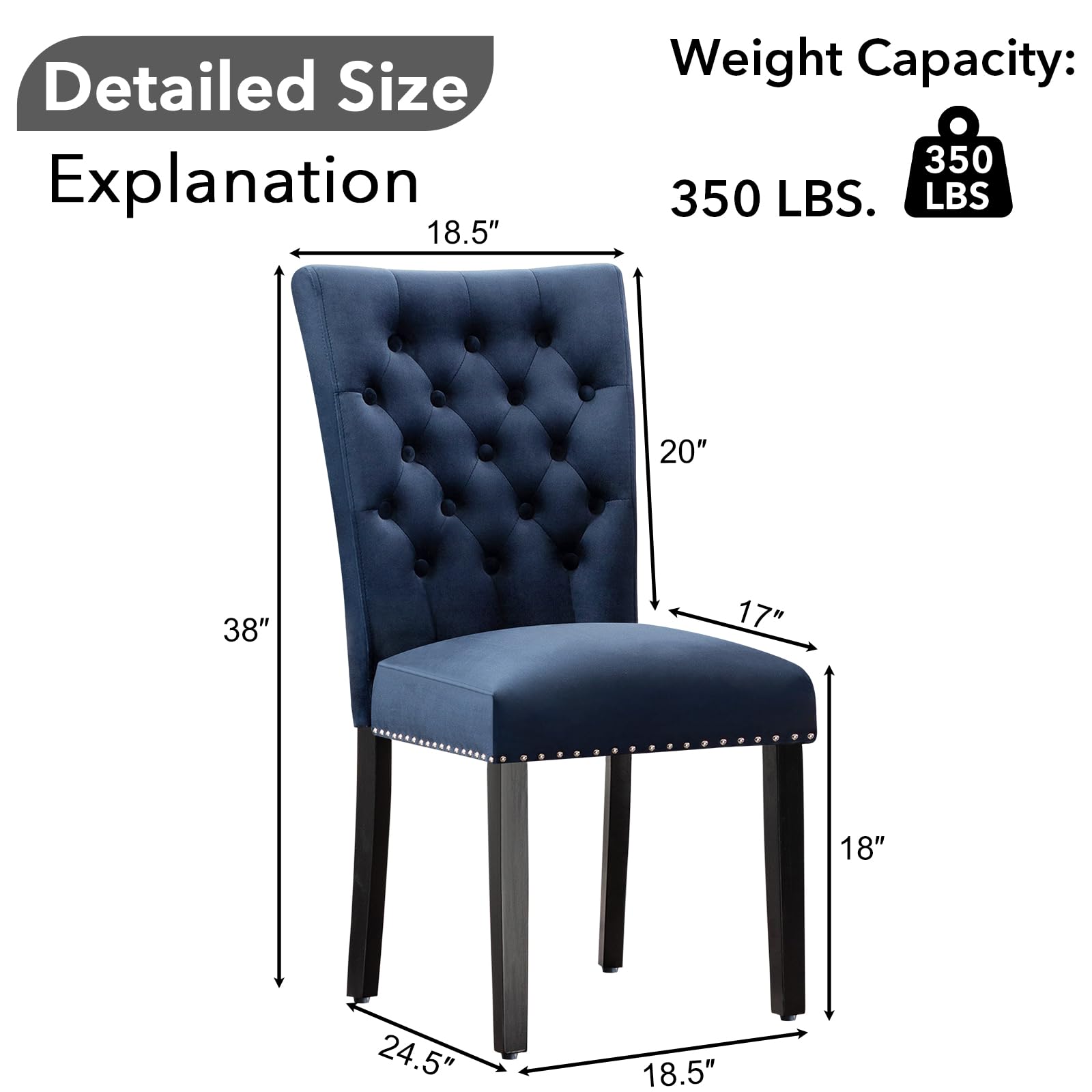 Velvet Dining Chairs Set of 2 - Blue Parsons Upholstered Dining Room Chairs with Wood Legs & Nailhead Trim - Perfect for Modern Dining Room, Kitchen, or Breakfast Nook