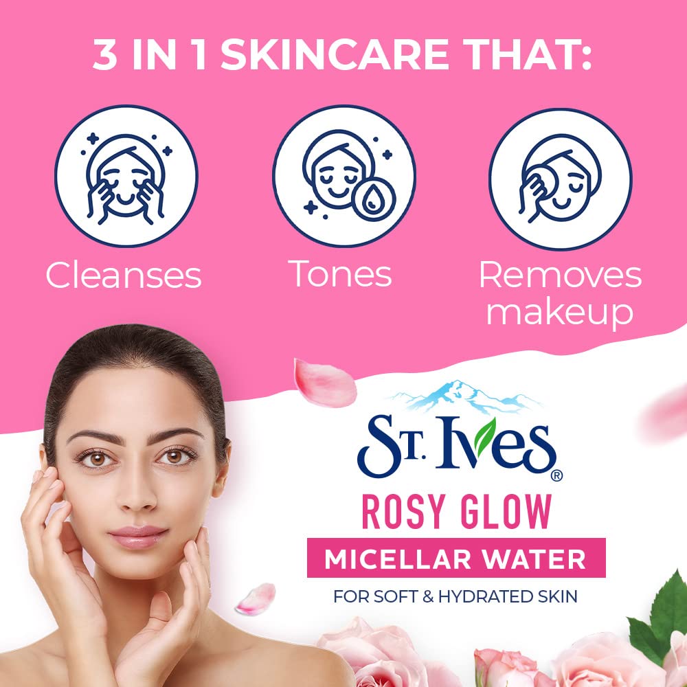 St. Ives Rosy Glow Rose Micellar Water - 100% Natural Extracts, 3-in-1 Cleanser, Toner & Makeup Remover for All Skin Types | Gentle, Paraben-Free, Alcohol-Free & Oil-Free Face Cleansing Water (400ml) | Perfect for Daily Skincare, Makeup Removal & Hydration Routine