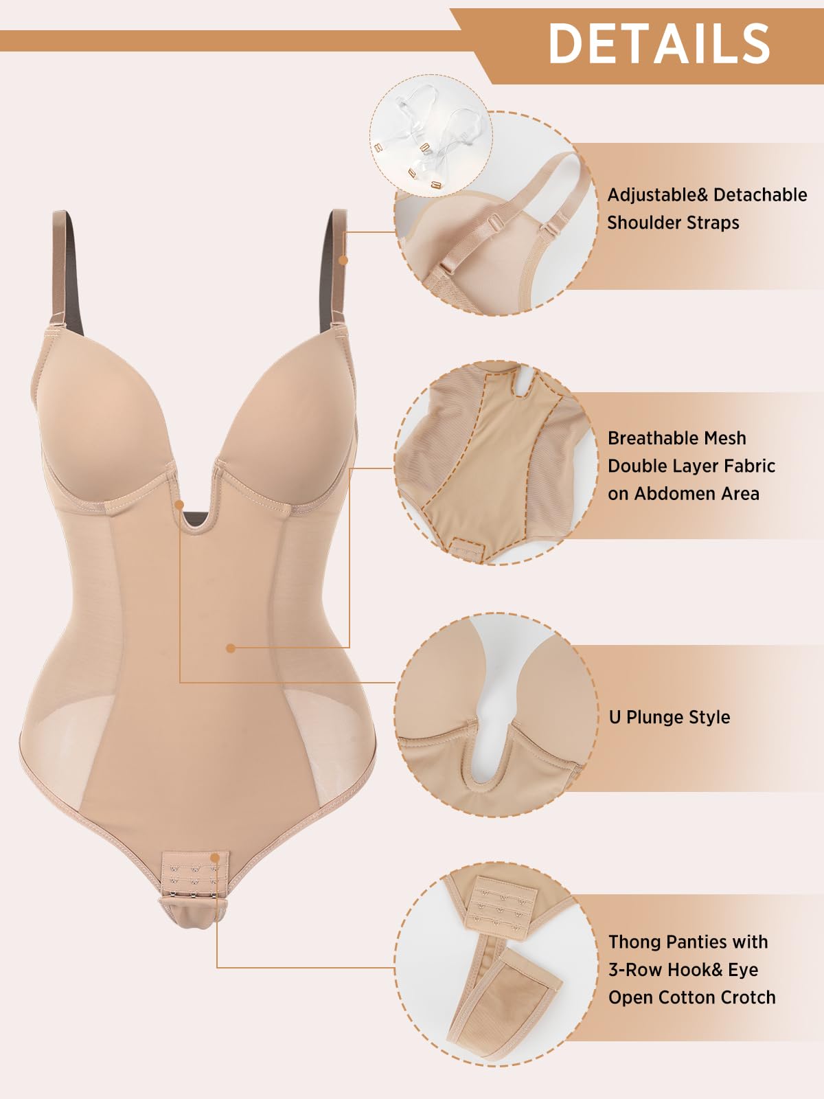 JOYSHAPER Women's Shapewear Bodysuit with Built-in Bra - Tummy Control U Plunge Backless Body Shaper Thong Suit for Slimming & Smoothing | Perfect for Dresses, Evening Wear & Special Occasions