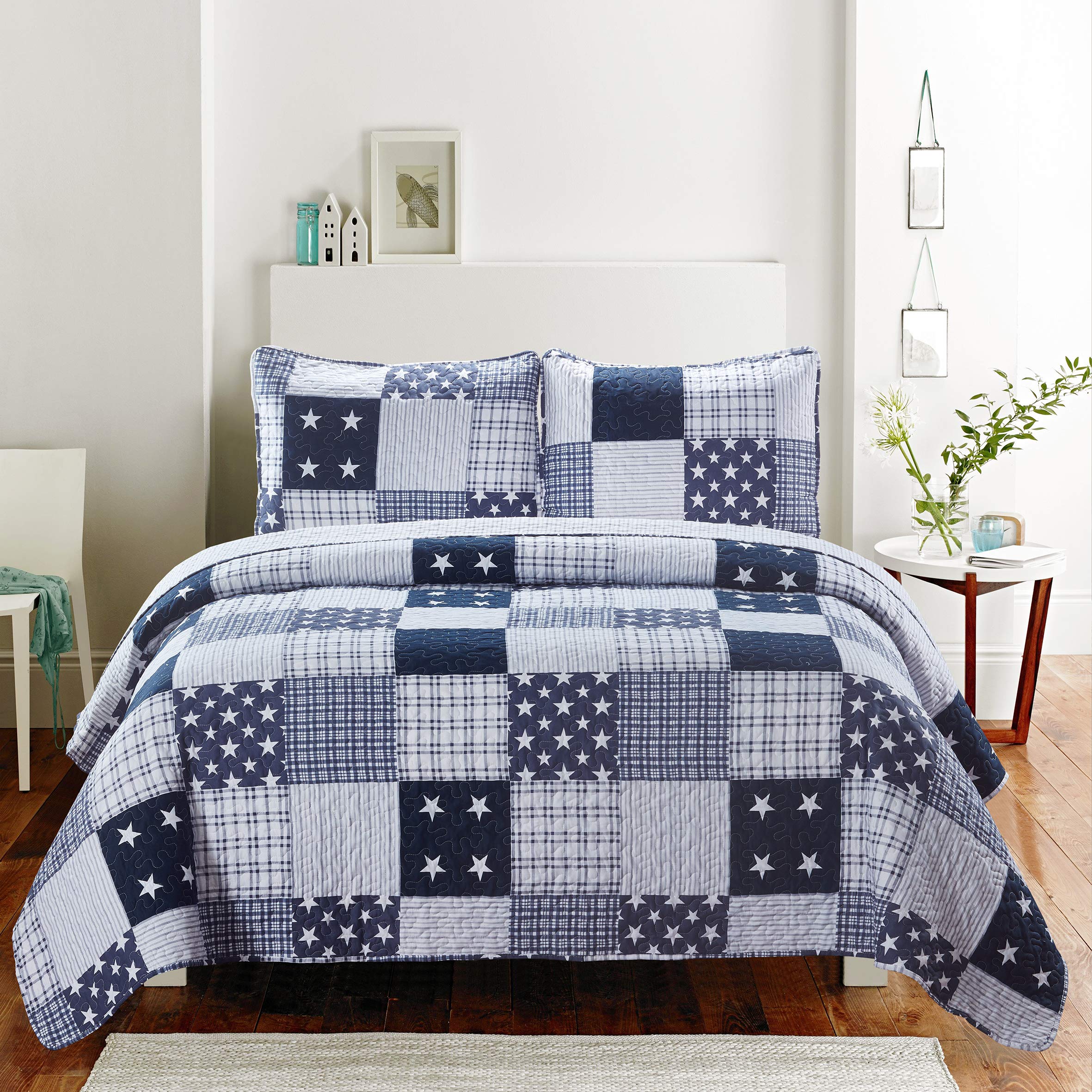 SLPR Americana Pride 3-Piece Queen Comforter Set - Lightweight Patriotic Bedding with Stars (White & Blue Summer Quilt + 2 Shams) | Perfect for 4th of July Decor, Memorial Day Bedroom, and All-American Home Styling