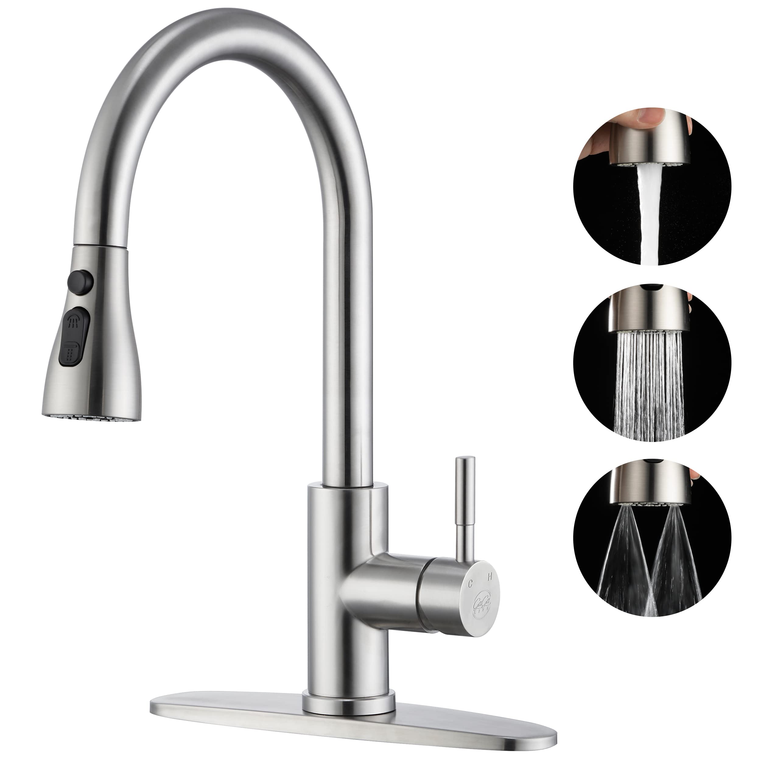 High Arc Stainless Steel Pull Down Kitchen Faucet with High Pressure Sprayer - Brushed Nickel Single Handle Modern Sink Faucet for 1 or 3 Hole Installation | Perfect for Home Kitchen, Restaurant & Commercial Use