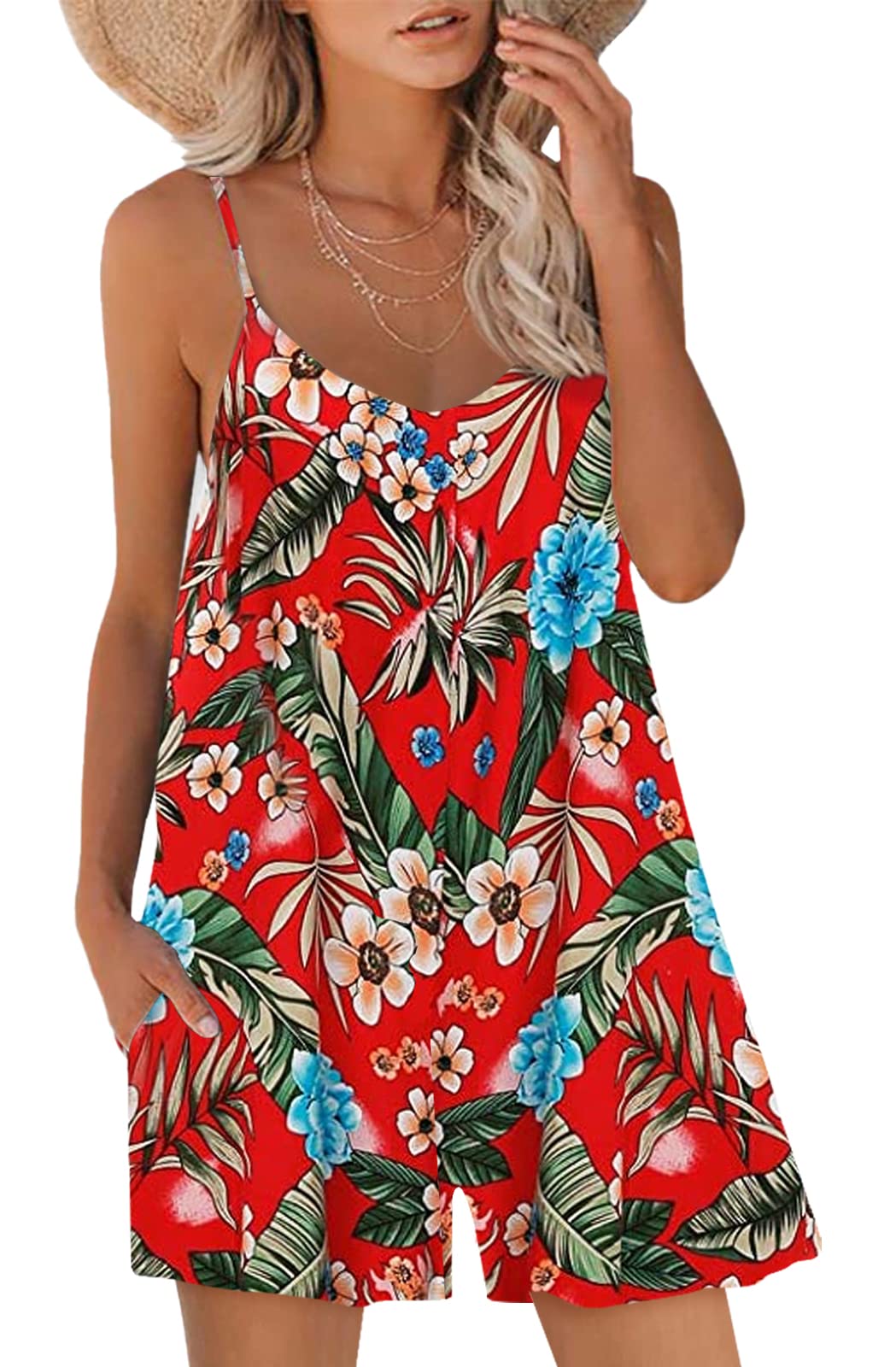 Arkniok Women's Summer Loose Casual Sleeveless Jumpsuit - Adjustable Spaghetti Strap Romper with Pockets & Stretchy Shorts | Perfect for Beach Vacation, Pool Party & Summer Outings