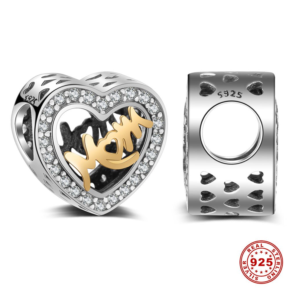 LaMeanrs Sterling Silver 925 & Gold Heart Beads Charm - Perfect for Women's Bracelets & Necklaces - Ideal for Mother's Day Gifts, Valentine's Day & Anniversary Jewelry