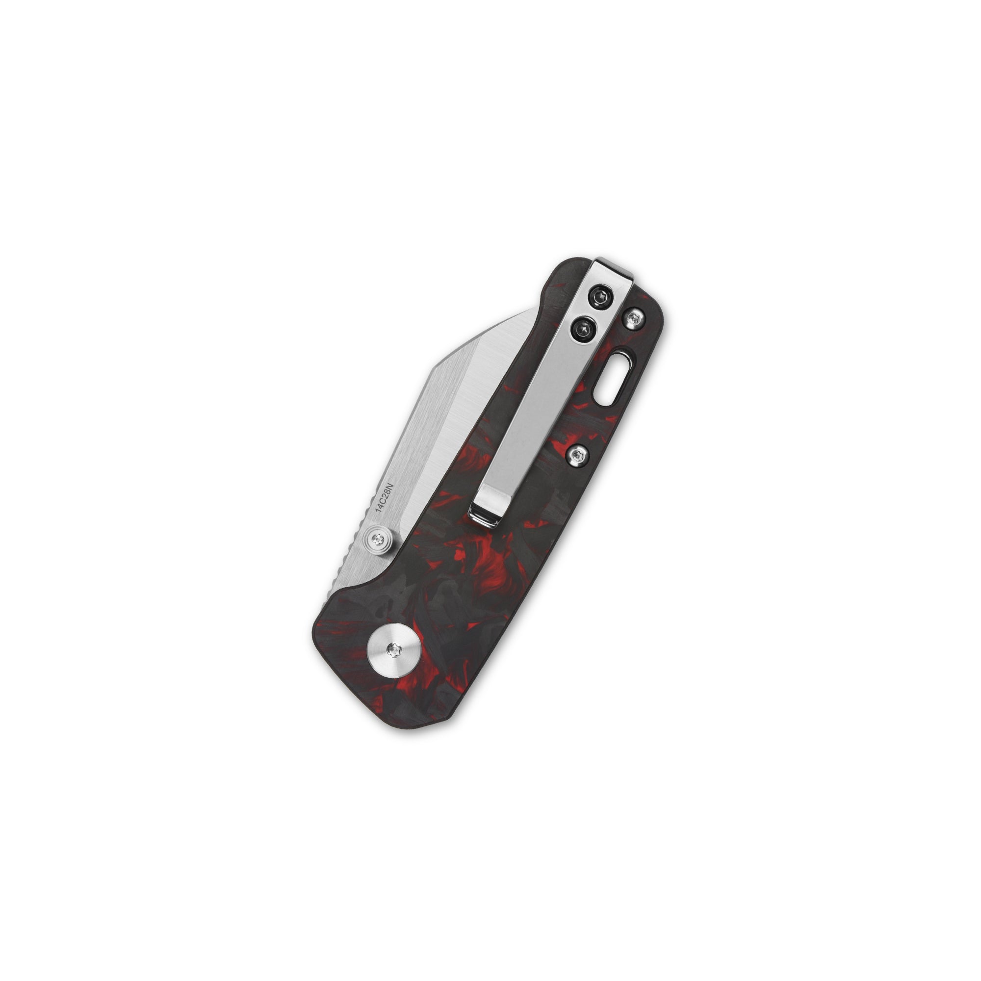 QSP Penguin Mini Liner Lock Pocket Knife - 14C28N Stainless Steel Blade, Red Shredded Carbon Fiber & G10 Handle - EDC Folding Knife for Camping, Hiking, and Everyday Carry