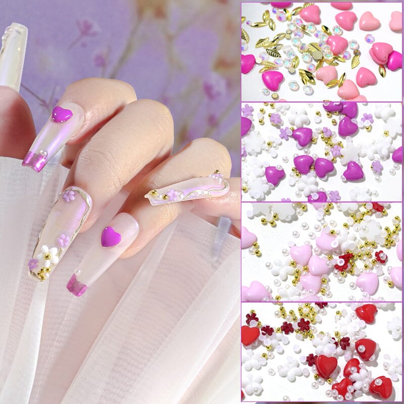 3D Love Hearts and Flowers Nail Art Decorations - DIY Acrylic Nail Charms for Gel Polish Manicure - Perfect for Bridal, Valentine's Day & Party Nail Designs