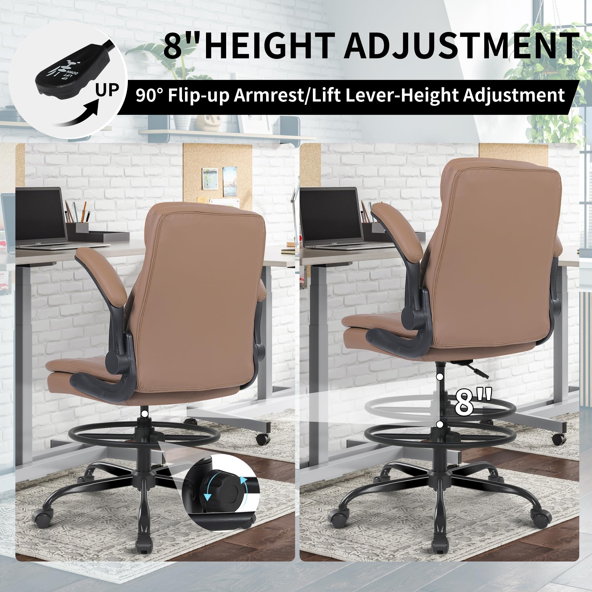 Premium Misolant Leather Drafting Chair - Adjustable Height Executive Office Chair with Flip-Up Armrests for Standing & Counter Height Desks - Ergonomic Design for Architects, Artists & Home Office Workspaces