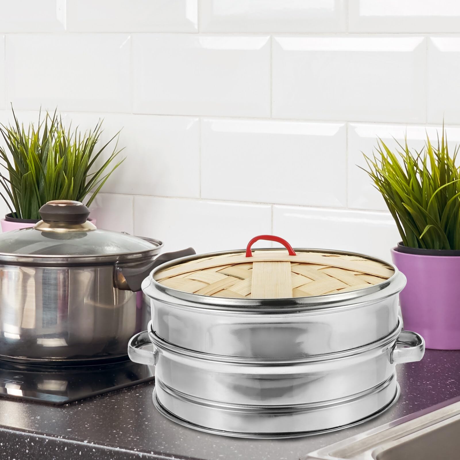 Premium Stainless Steel Steamer Set - 18cm Bamboo & Metal Food Steamer Basket with Lid for Eggs, Fish & Vegetables | Durable Kitchen Steamer Rack for Home & Restaurant Use | Perfect for Asian Cooking, Healthy Meal Prep & Professional Chefs