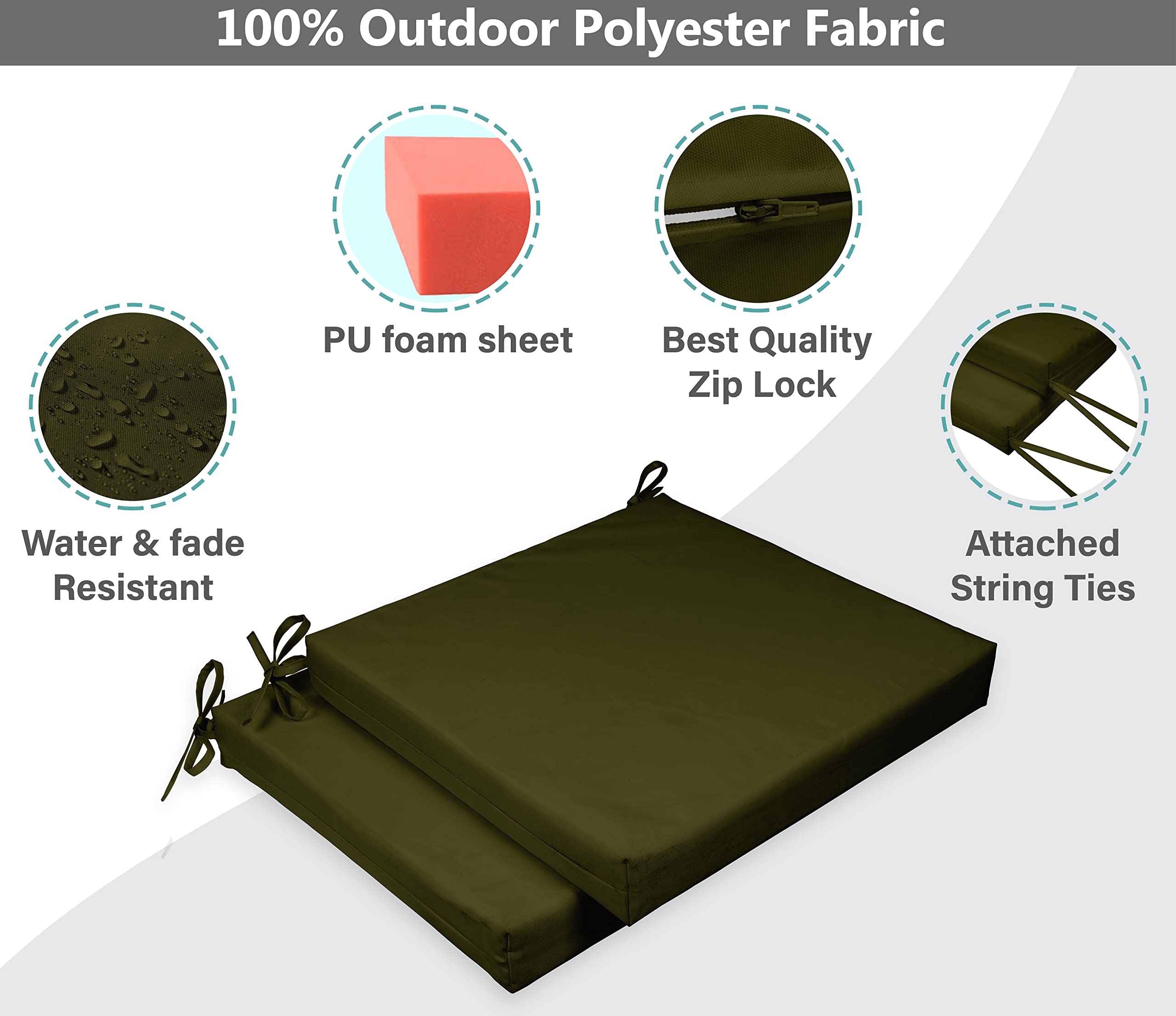 Premium 20x20 Inch Square Indoor/Outdoor Chair Cushions with Ties - Set of 2 Olive Green Patio Seat Cushions for Garden Furniture, Deck Chairs & Home Decor - Waterproof & UV Resistant for All-Weather Use
