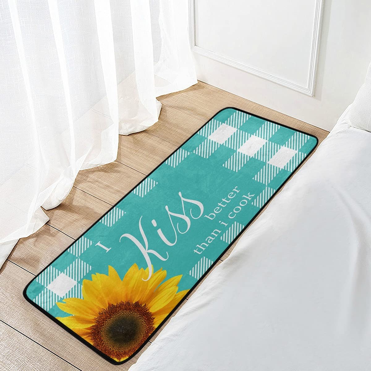 Teal Plaid Sunflower Non-Slip Kitchen Rug - Washable Buffalo Check Anti-Fatigue Floor Mat for Kitchen - Perfect for Cooking, Dishwashing & Standing Comfort