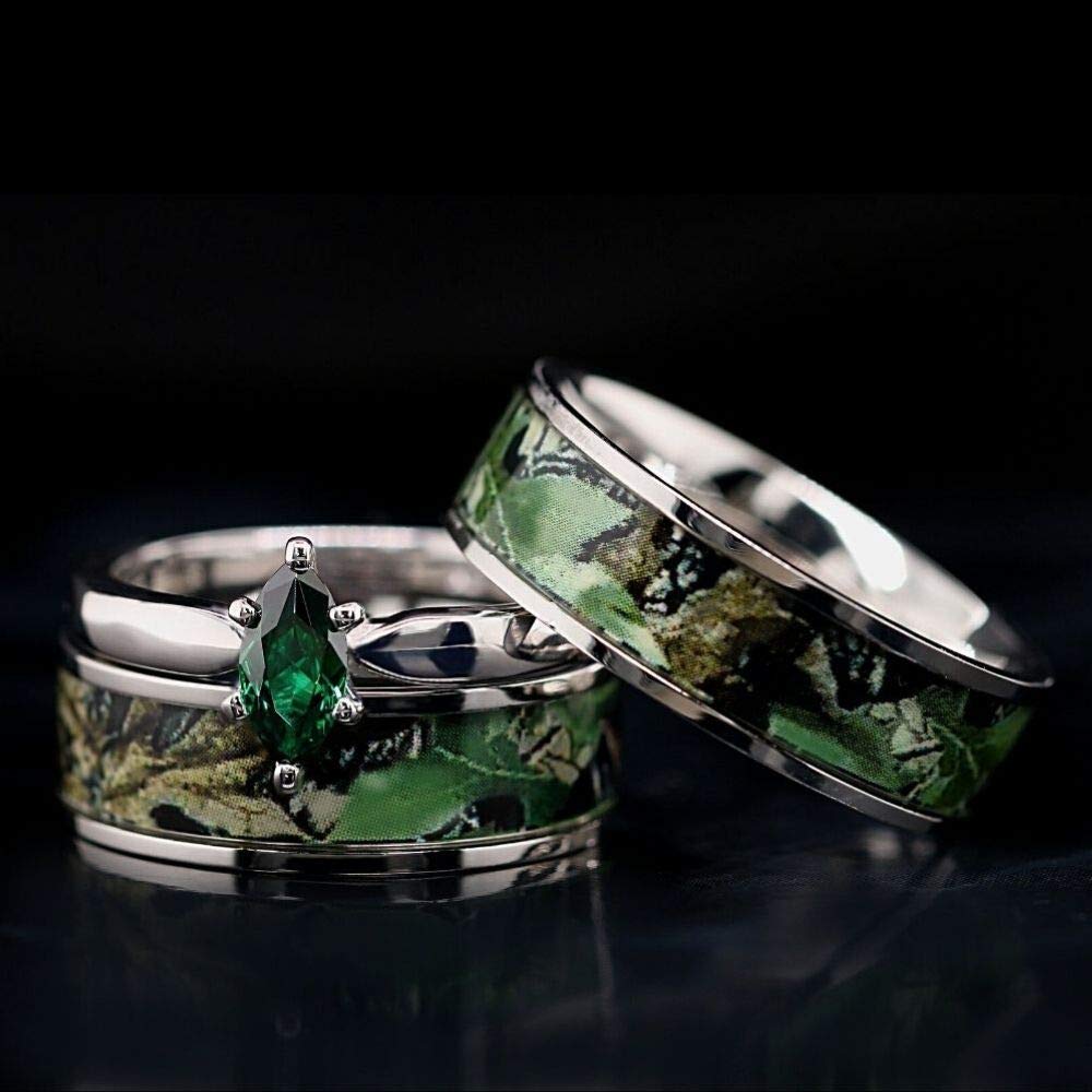 His & Hers Green Camo Wedding Ring Sets - Matching Camo Wedding Bands for Couples - Tungsten Carbide Engagement Ring Set - Durable Comfort Fit Wedding Rings - Camo Rings for Women & Men - Perfect for Outdoor Weddings, Hunting Enthusiasts & Military-Themed Ceremonies