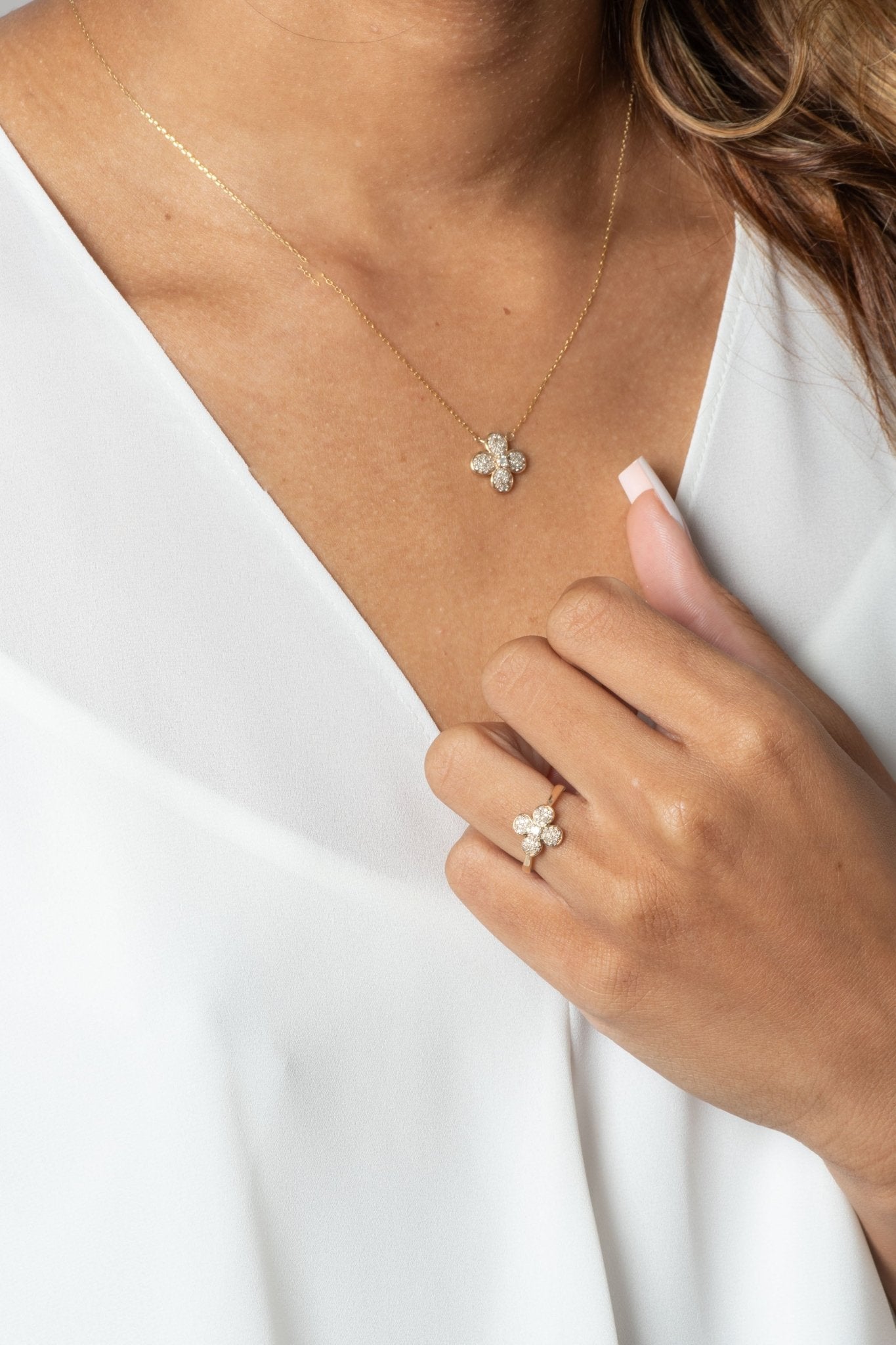 10k Yellow Gold Four Petal Flower Diamond Cocktail Ring - Elegant Dainty Floral Jewelry for Women, Perfect for Parties, Weddings & Special Occasions