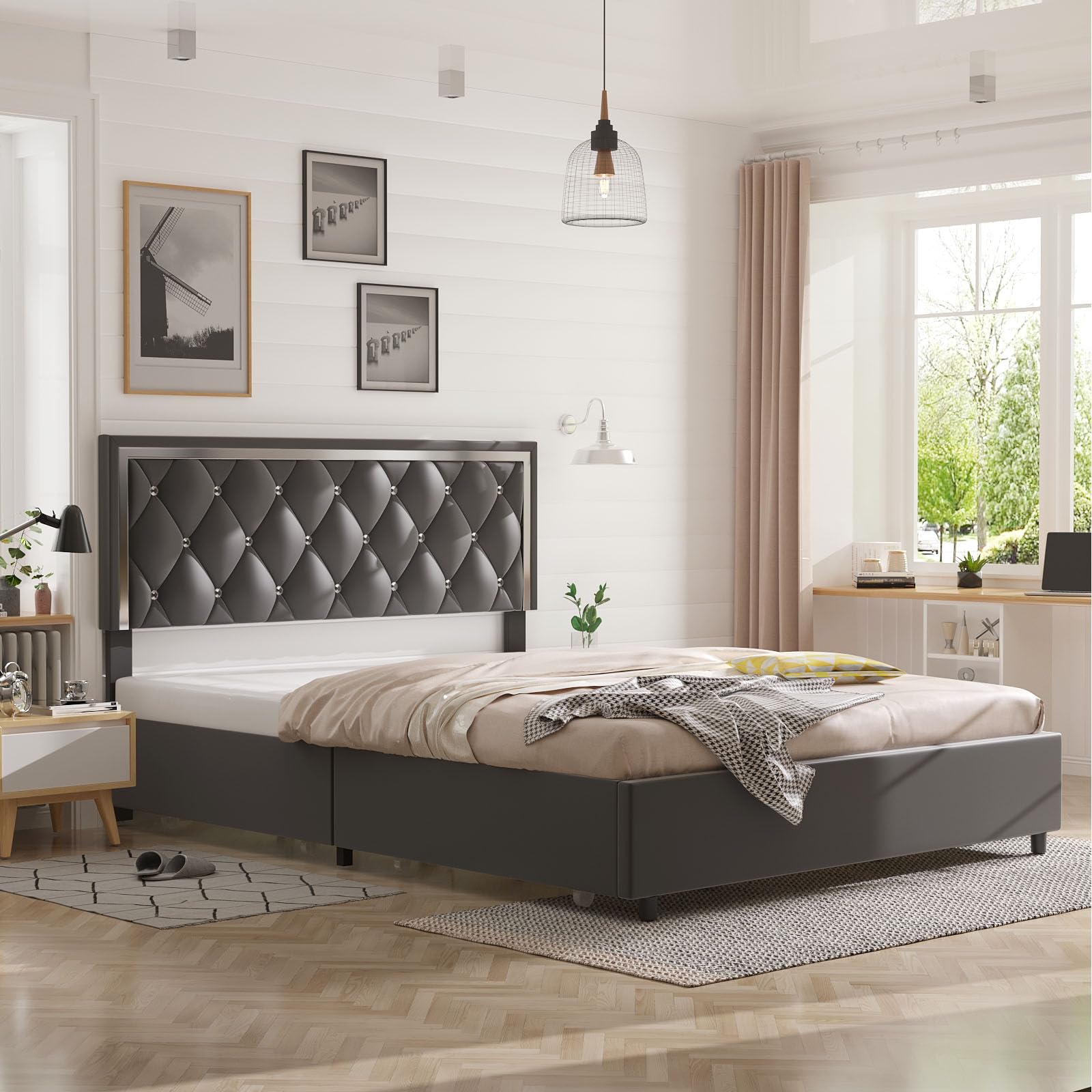 Luxury Monica King Size Velvet Upholstered Bed with Diamond Accents & Mirror Headboard - Wood Slat Support, No Box Spring Needed, Easy Assembly (Gray, Queen) - Perfect for Master Bedrooms & Guest Rooms with 4 Storage Drawers for Extra Organization