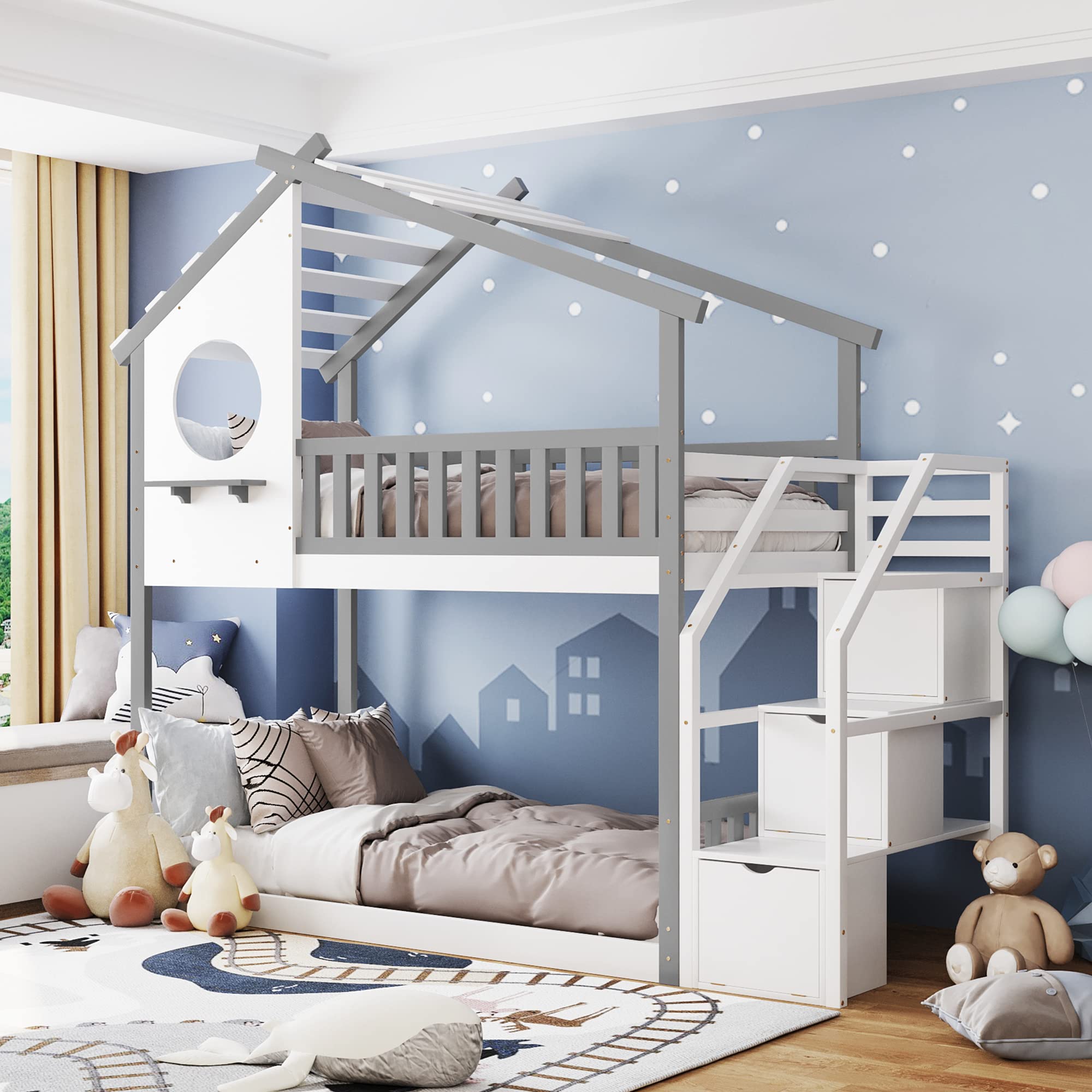 Twin Over Twin Bunk Bed with Stairway - Solid Wood Frame & Support Slats, No Box Spring Needed - Space Saving Kids Bed for Boys, Girls, Teens - Perfect for Shared Bedrooms, Sleepovers & Small Spaces