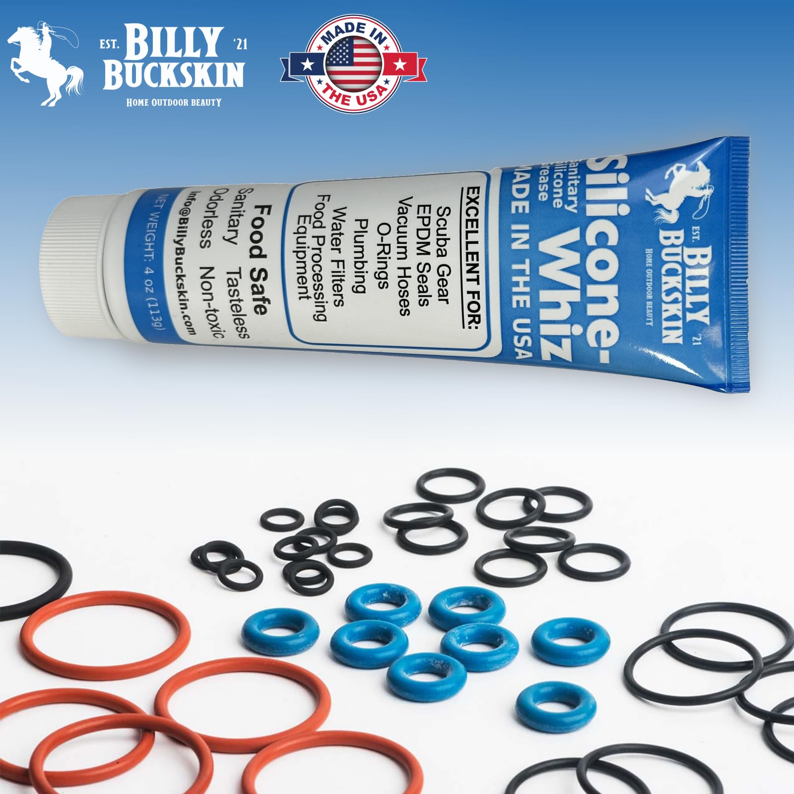 8 Oz. Tube Silicone-Whiz XXL Food Grade Silicone Grease - Sanitary Lubricant for O-Rings, Valves & Machinery | NSF Certified Plumber's Grease & Diving Lube by Billy Buckskin Co | Perfect for Kitchen Appliances, Pool Equipment & Industrial Use