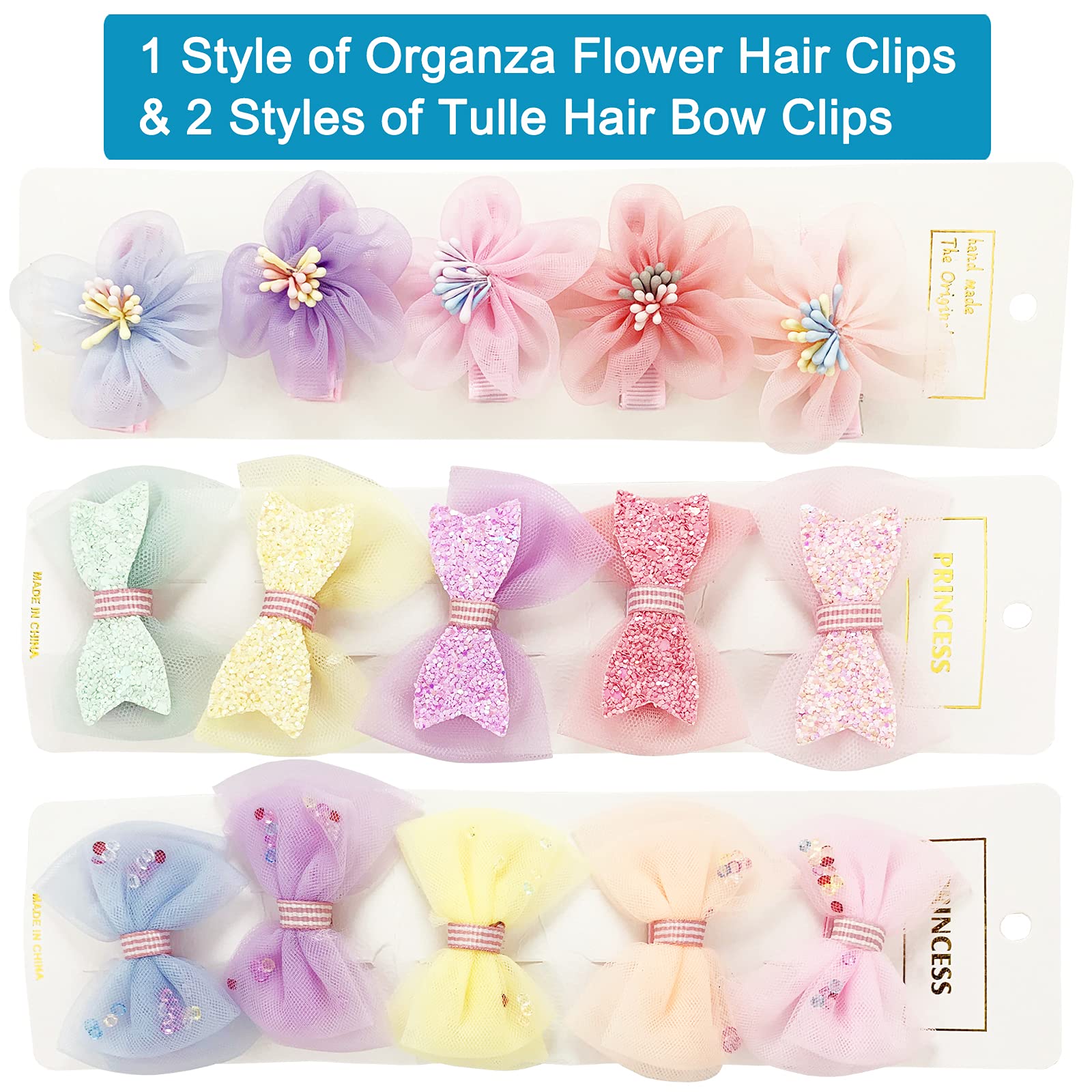 BETITETO 15-Piece Sparkly Tulle Hair Bows with Rhinestone Flower Clips for Girls & Women - Non-Slip Alligator Hair Clips for Parties, Weddings & Daily Wear