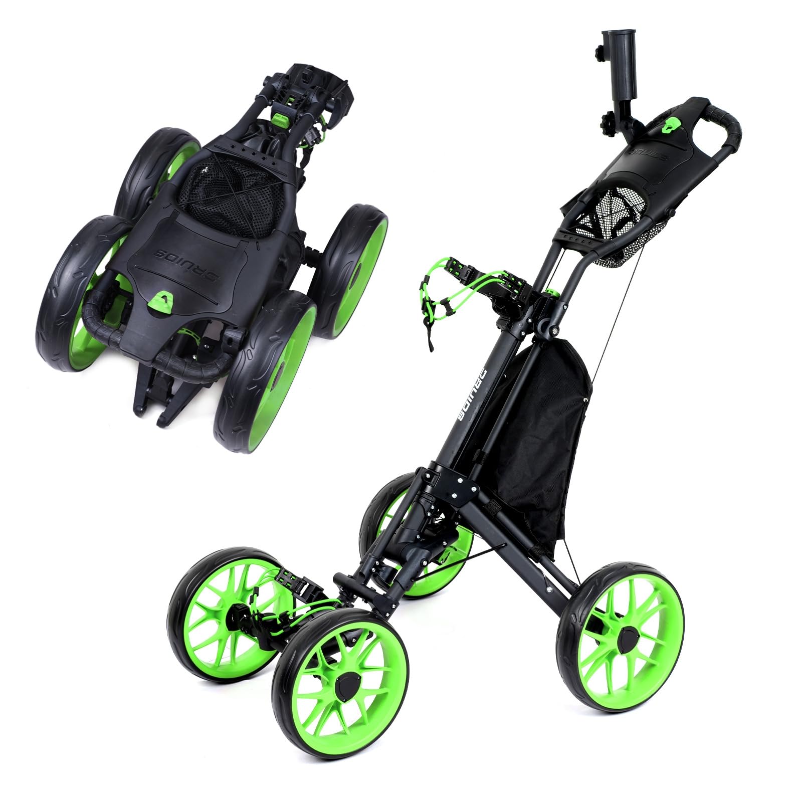 DRUIDS 4 Wheel Golf Push Cart - Lightweight Foldable Golf Trolley with Brake, Cup Holder, Umbrella Holder & Cooler Bag - Perfect for Golfers on the Course or Driving Range