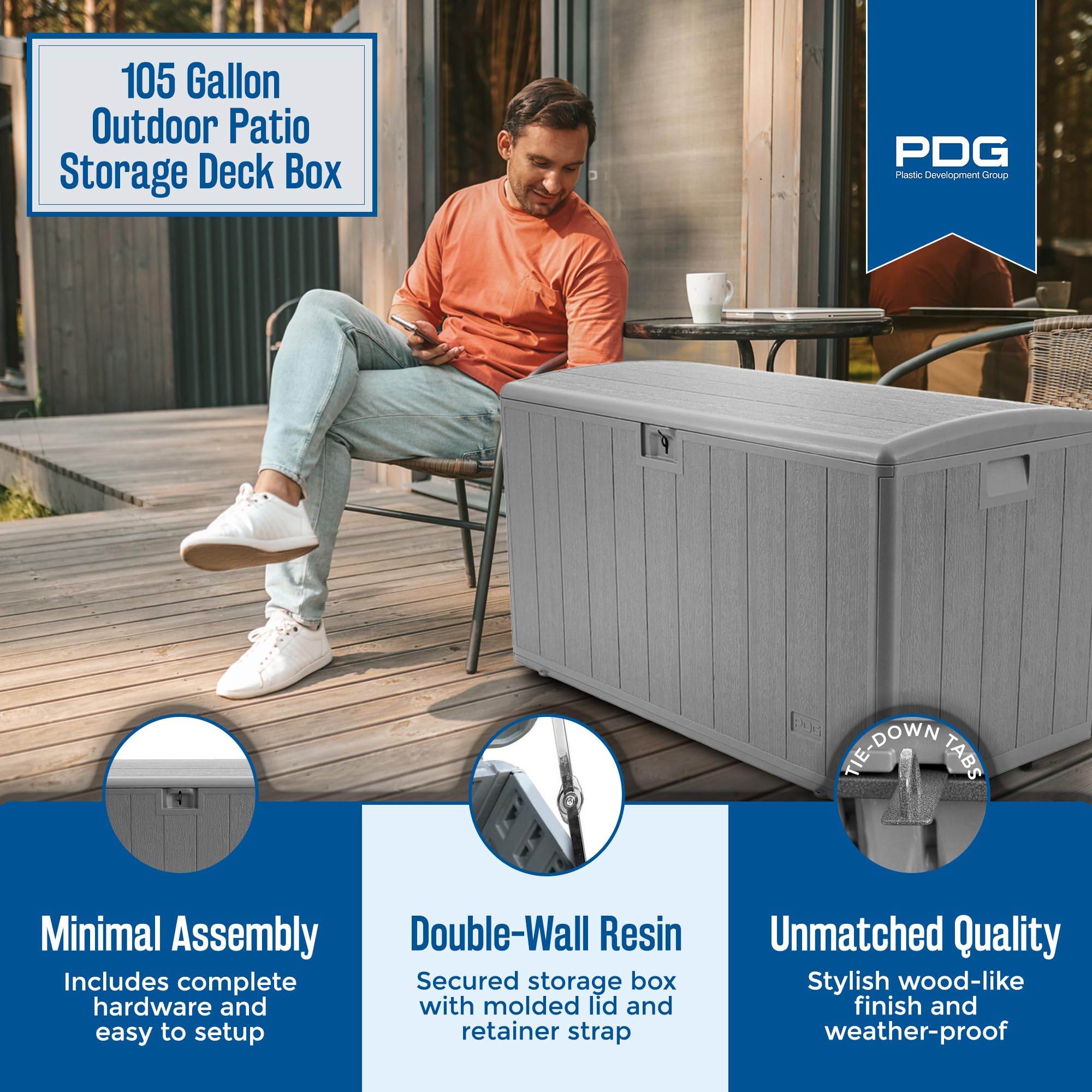 105 Gallon Outdoor Deck Storage Box with Soft Closure - Durable Plastic Deck Box for Patio, Garden & Backyard Organization - Weatherproof & Spacious Gray Storage Container